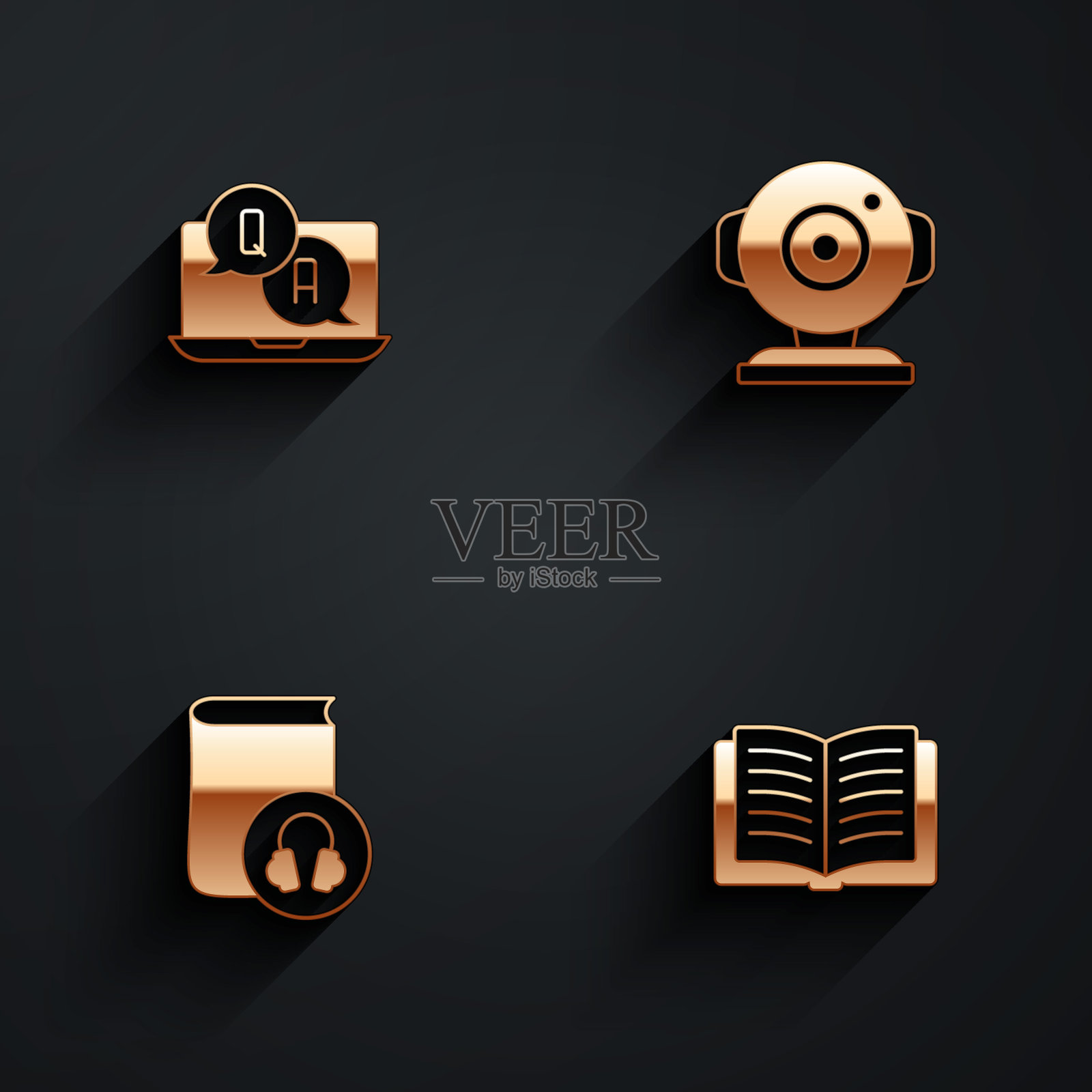 设置问题和答案，网络摄像头，有声书和打开图标长阴影。向量插画图片素材