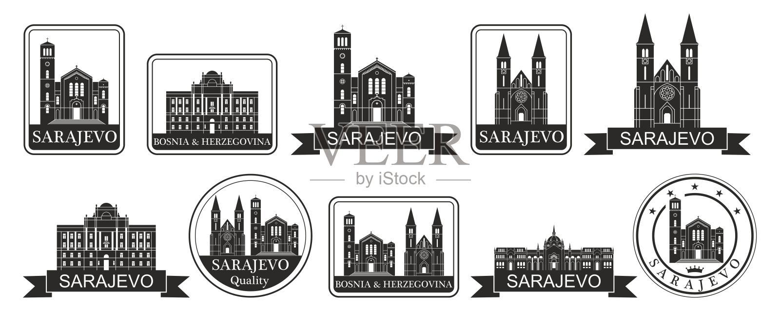 波斯尼亚和黑塞哥维那合集。白色背景上孤立的波斯尼亚和黑塞哥维那插画图片素材