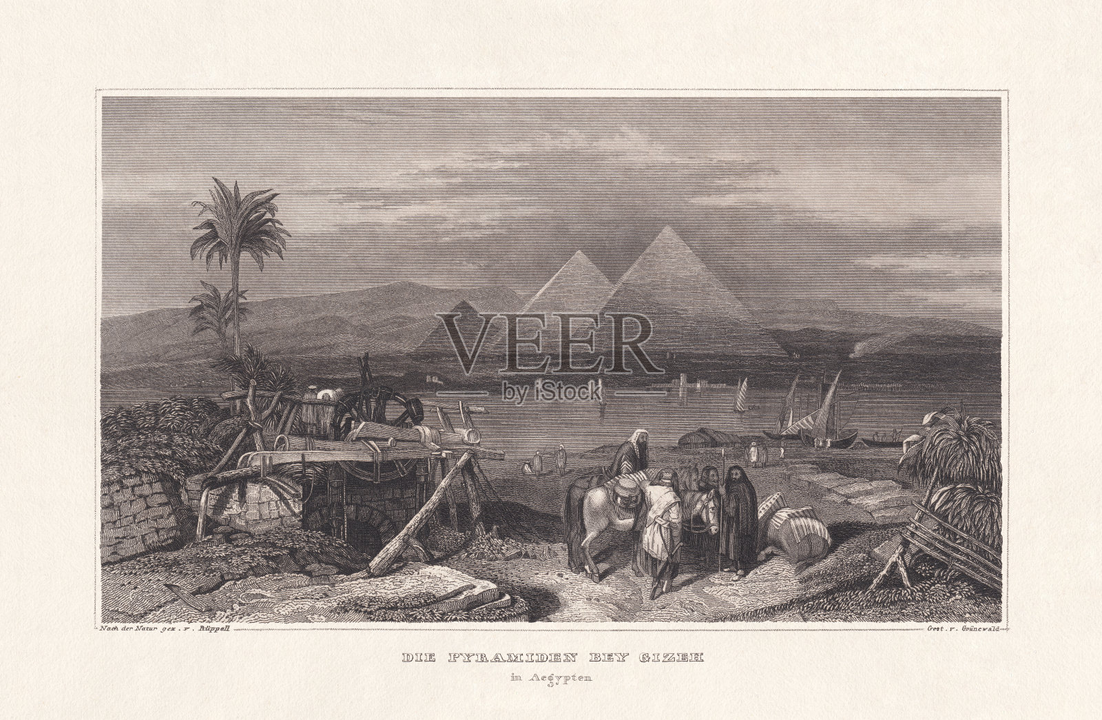 埃及吉萨金字塔，钢雕刻，出版于1836年插画图片素材