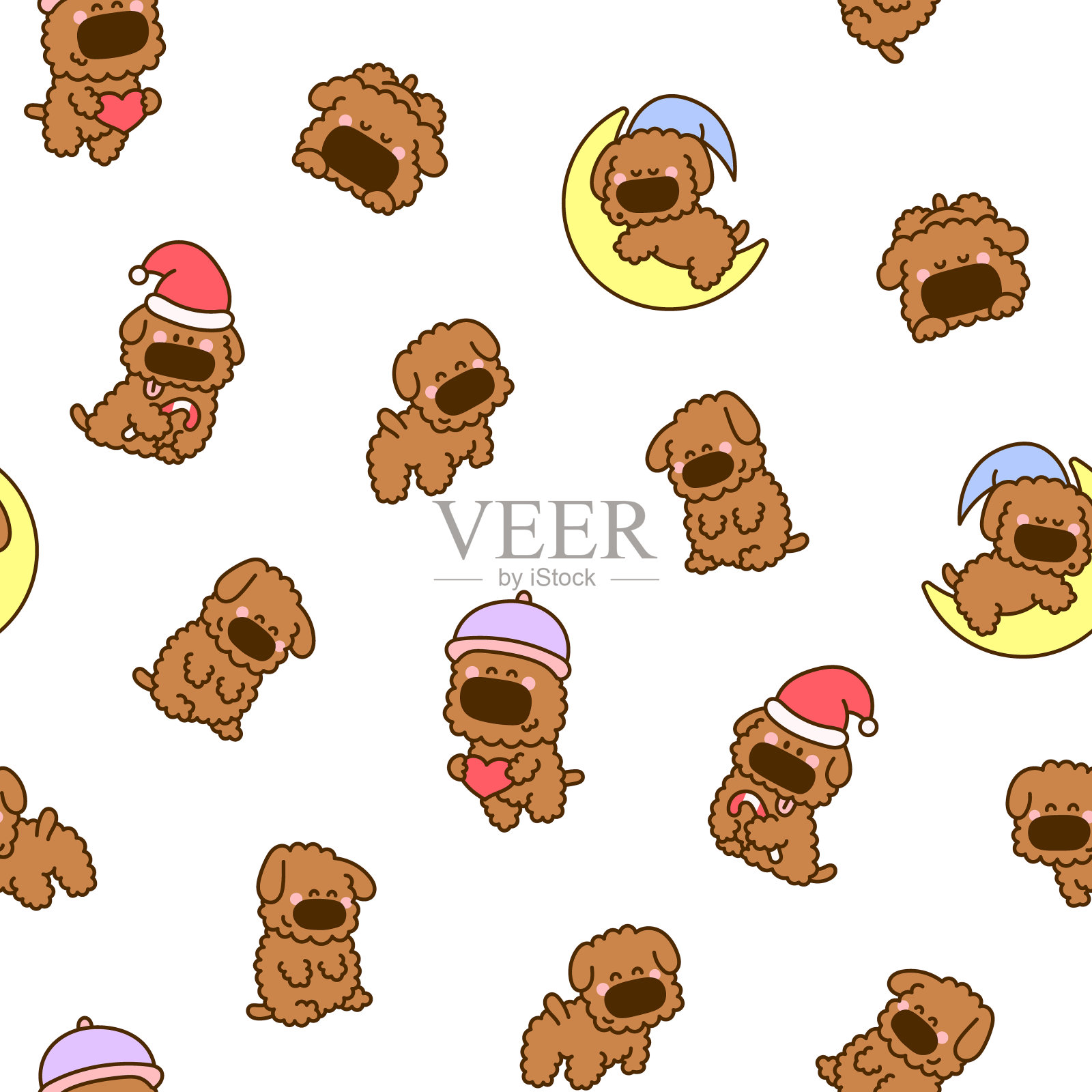 可爱的卡哇伊狗玩具贵宾犬。无缝模式。卡通有趣的小狗角色。手绘风格。矢量图。设计的饰品。插画图片素材