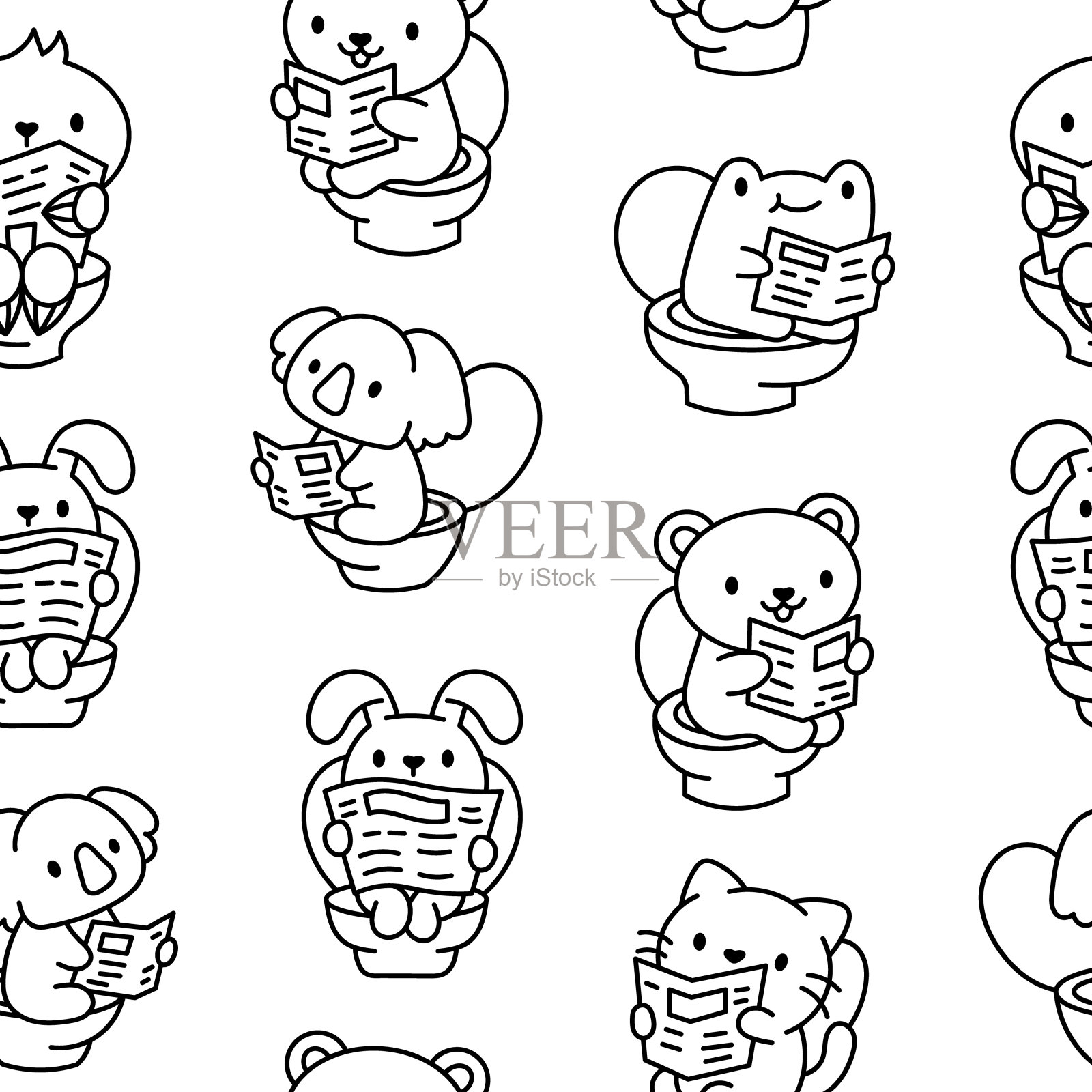 可爱的小动物在马桶上拉屎，看报纸。无缝模式。着色页面。有趣的卡通人物。手绘风格。矢量图。设计的饰品。插画图片素材