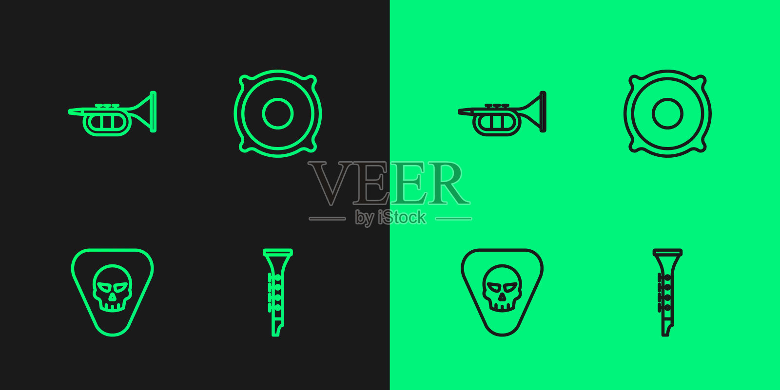 设置线单簧管，吉他拨，小号和立体声扬声器图标。向量插画图片素材