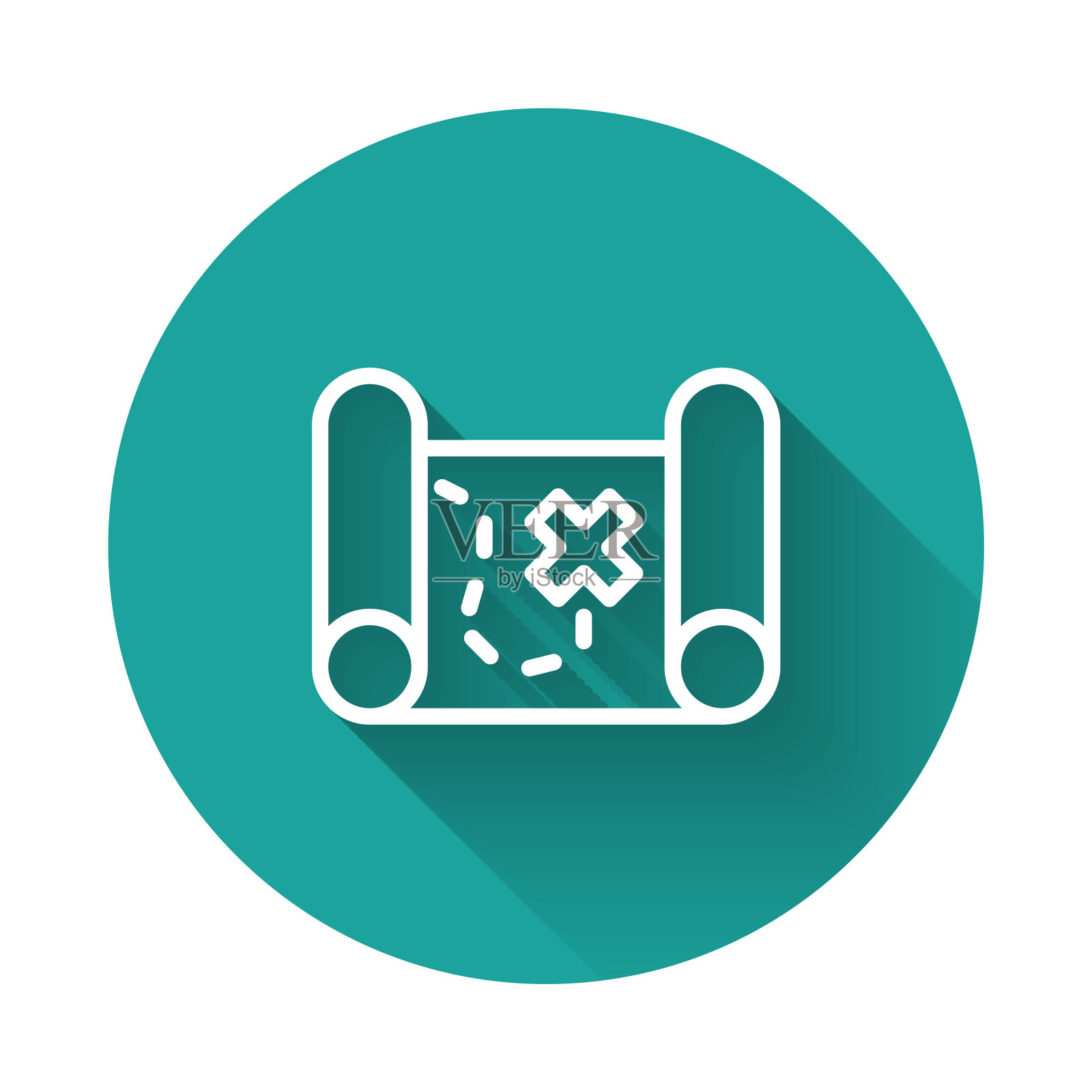 白线海盗藏宝图图标孤立的长阴影背景。绿色圆形按钮。向量插画图片素材