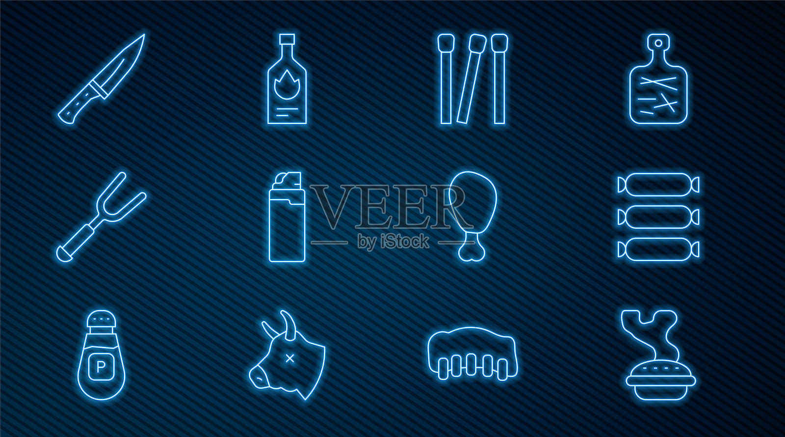 设置线自制派，香肠，火柴，打火机，烧烤叉，肉斩，鸡腿和塔巴斯科酱图标。向量插画图片素材