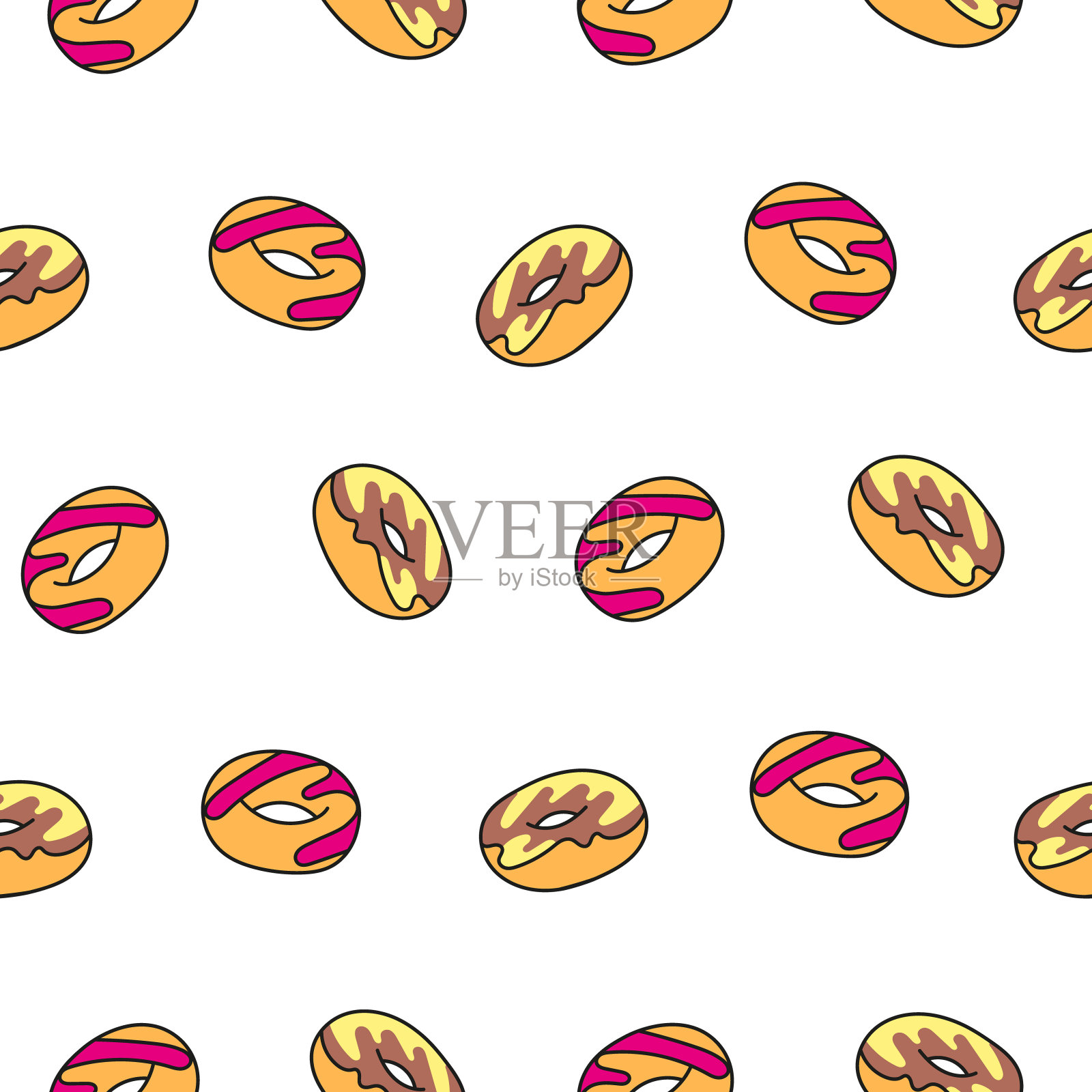 上了釉的甜甜圈。无缝模式。可爱的甜甜圈。巧克力糖果。手绘风格。矢量图。设计的饰品。插画图片素材