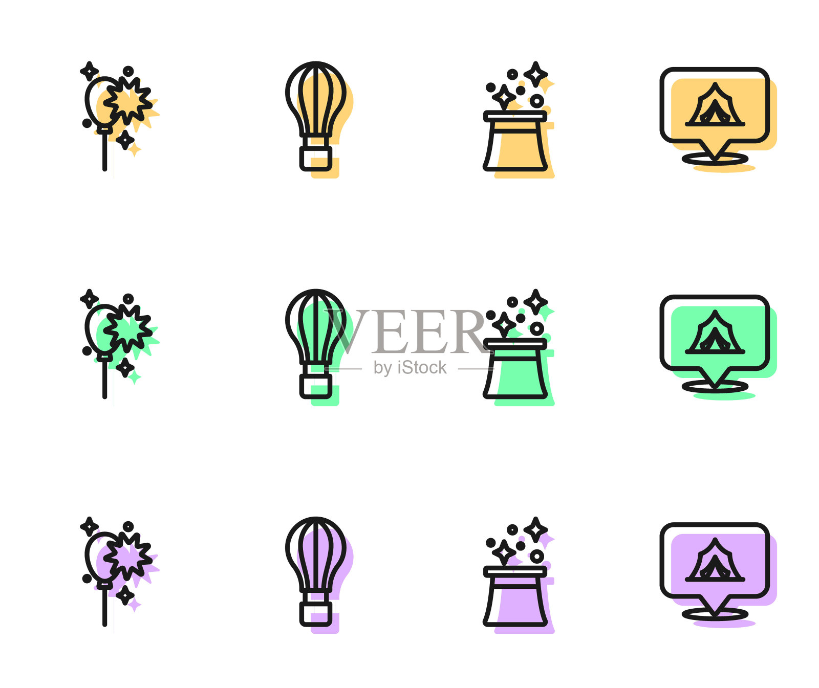 设置线魔术师帽子，气球与丝带，热气球和马戏团帐篷图标。向量插画图片素材