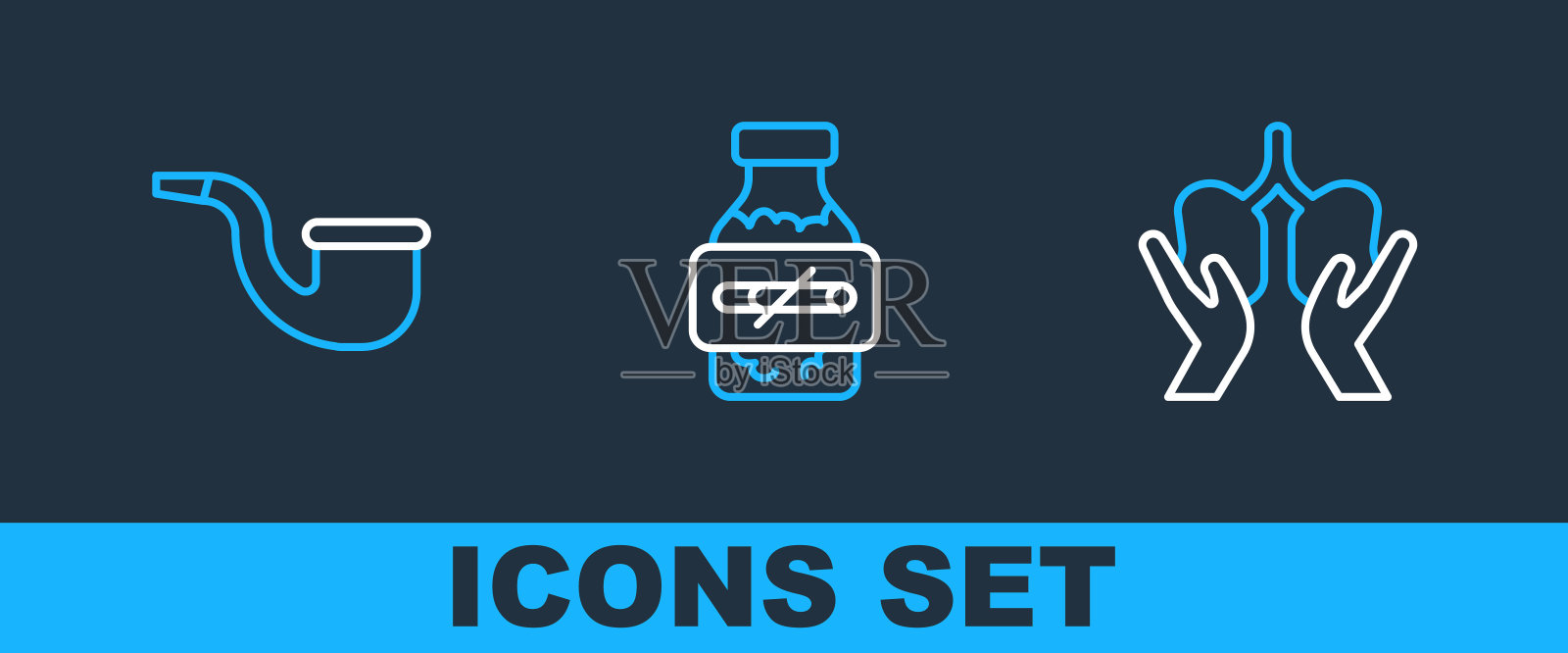 设定线路肺，没有烟斗吸烟和尼古丁口香糖吸塑包装图标。向量插画图片素材