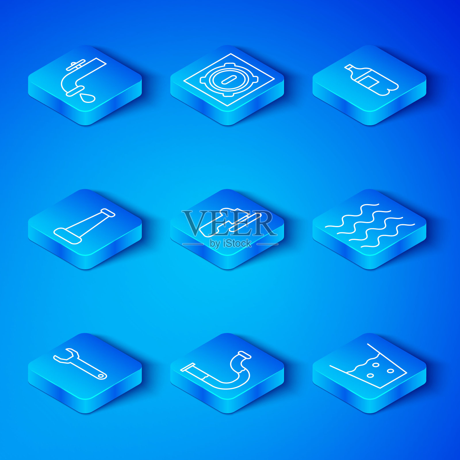 设置线扳手扳手，水龙头，工业金属管，波，瓶装水，玻璃与图标。向量插画图片素材