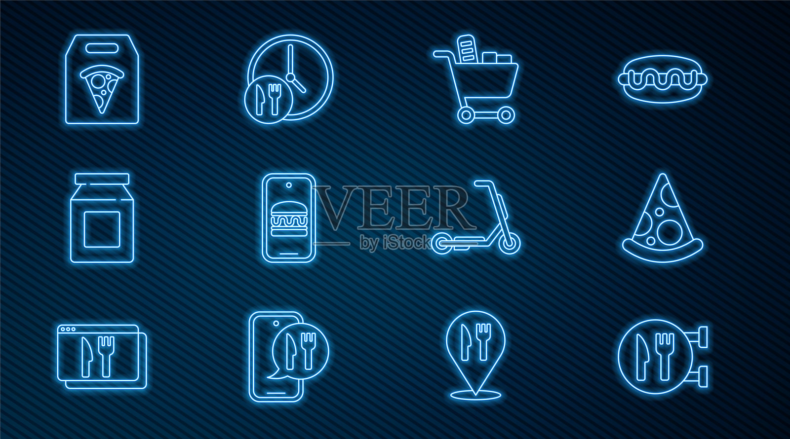 设置线咖啡馆和餐厅的位置，披萨片，购物车食品，在线订购送货，摩托车和全天候图标。向量插画图片素材