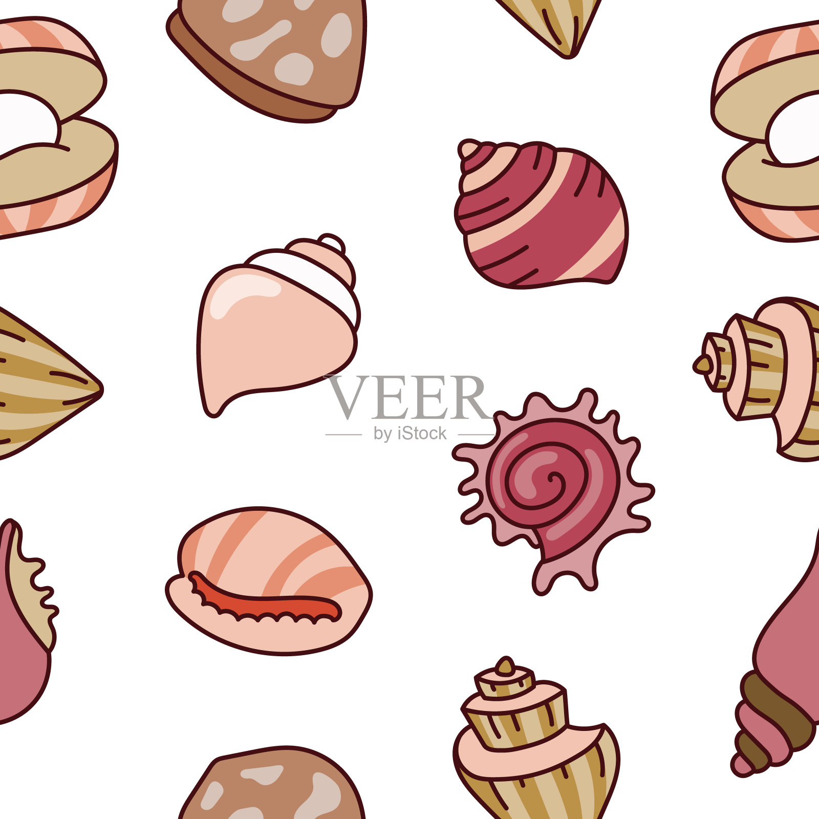 海洋贝壳。无缝模式。软体动物和海蜗牛的水下贝壳。暑假。手绘风格。矢量图。设计的饰品。插画图片素材