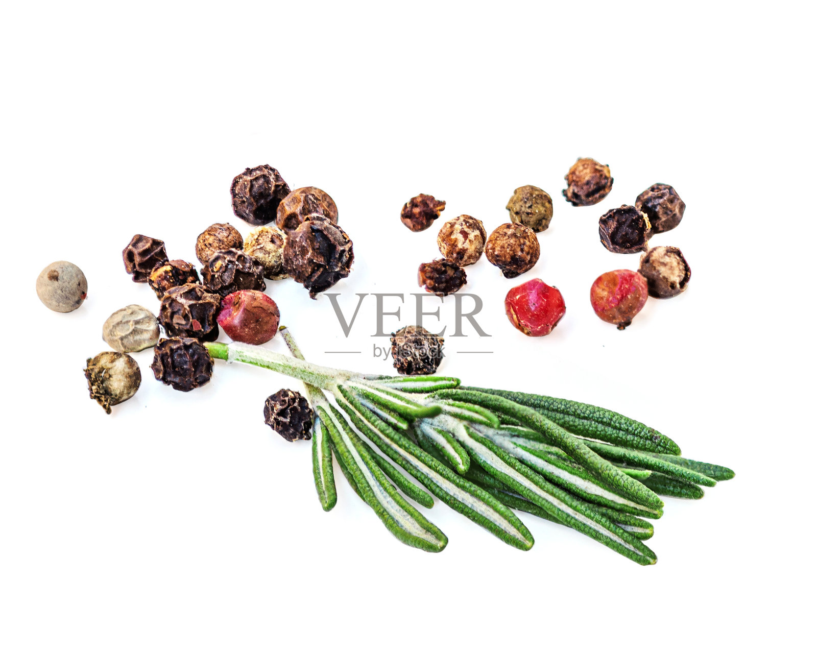 迷迭香孤立。白底迷迭香和胡椒香料。烹饪原料。俯视图迷迭香枝平躺照片摄影图片