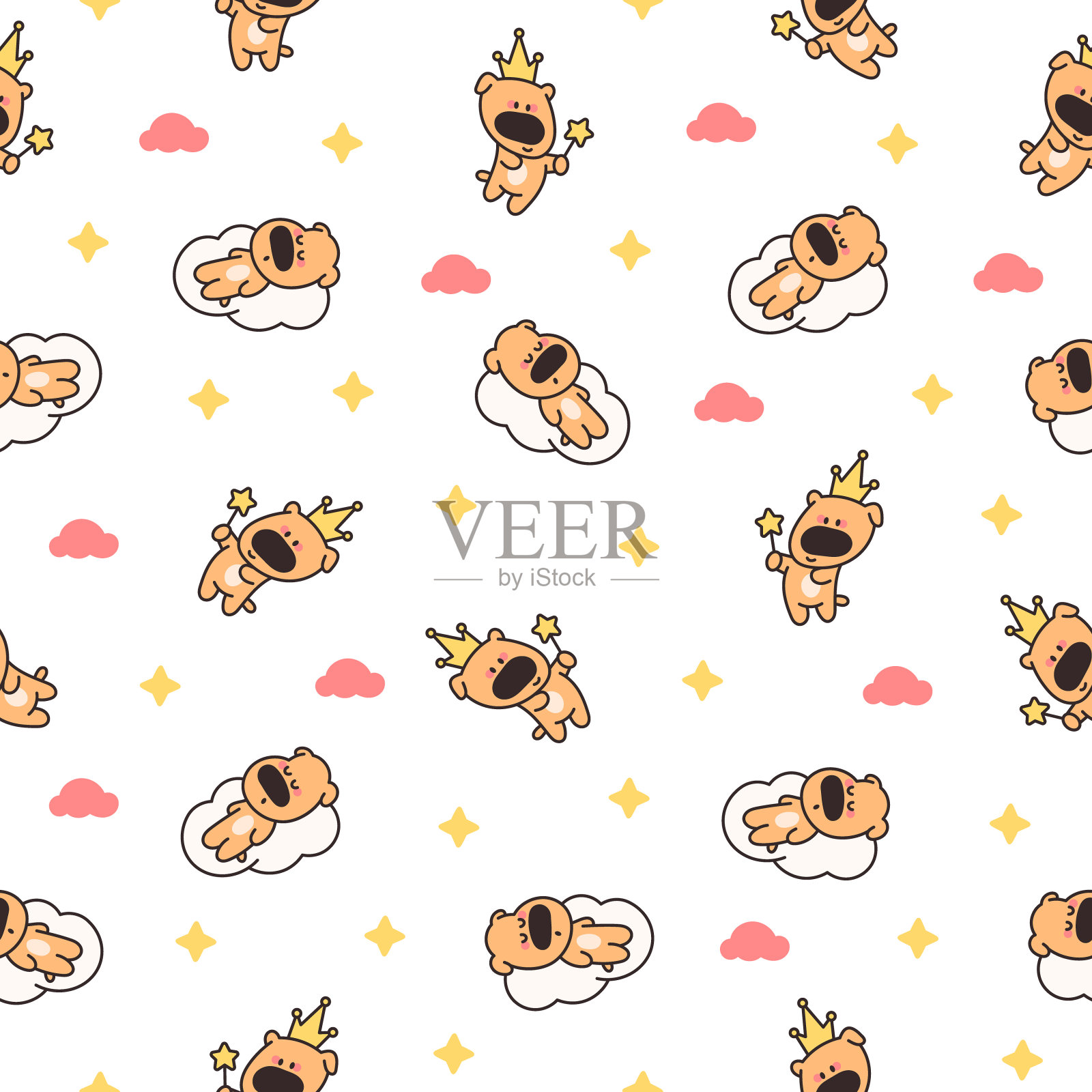 可爱的卡通小狗角色。无缝模式。有不同情绪的可爱狗狗。手绘风格。矢量图。设计的饰品。插画图片素材