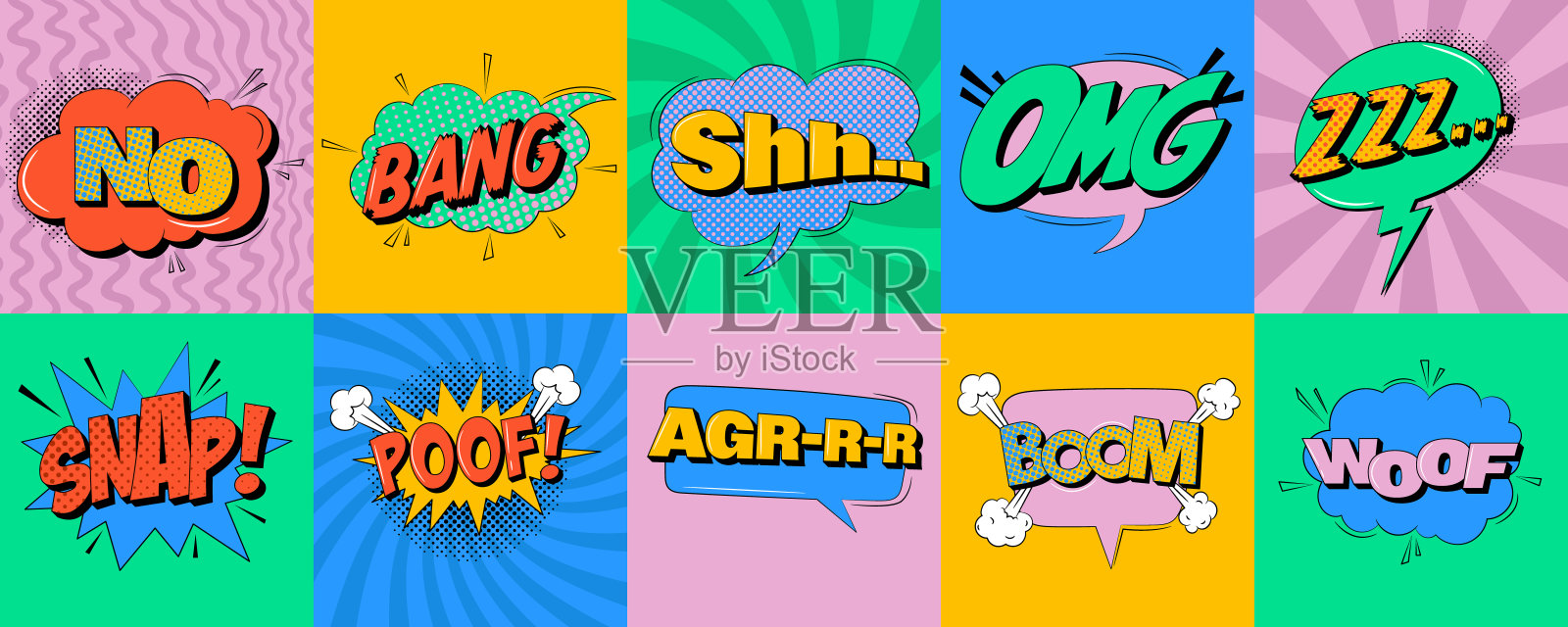 一套时髦的流行艺术风格的喜剧演讲泡沫。插画图片素材