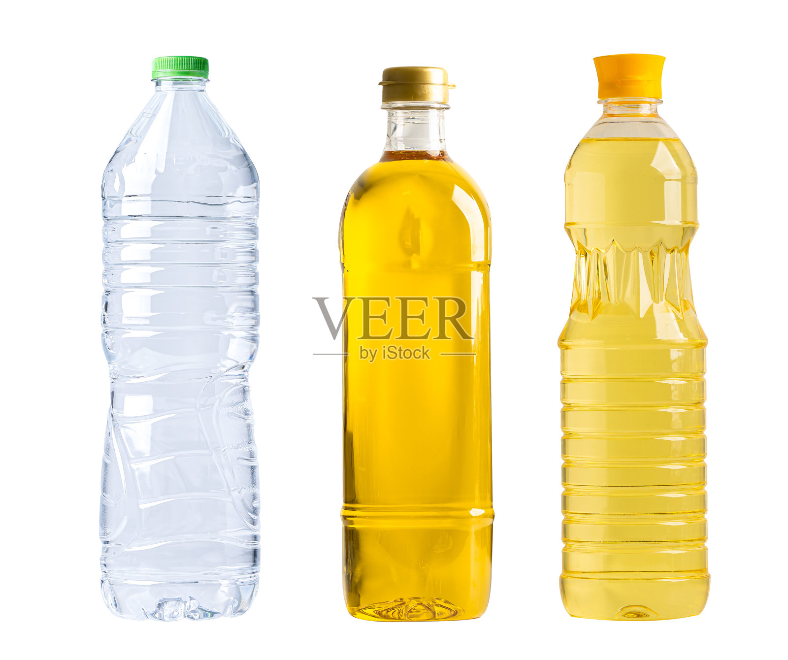 水和植物油装在不同的瓶子里，在白色背景上隔离。照片摄影图片