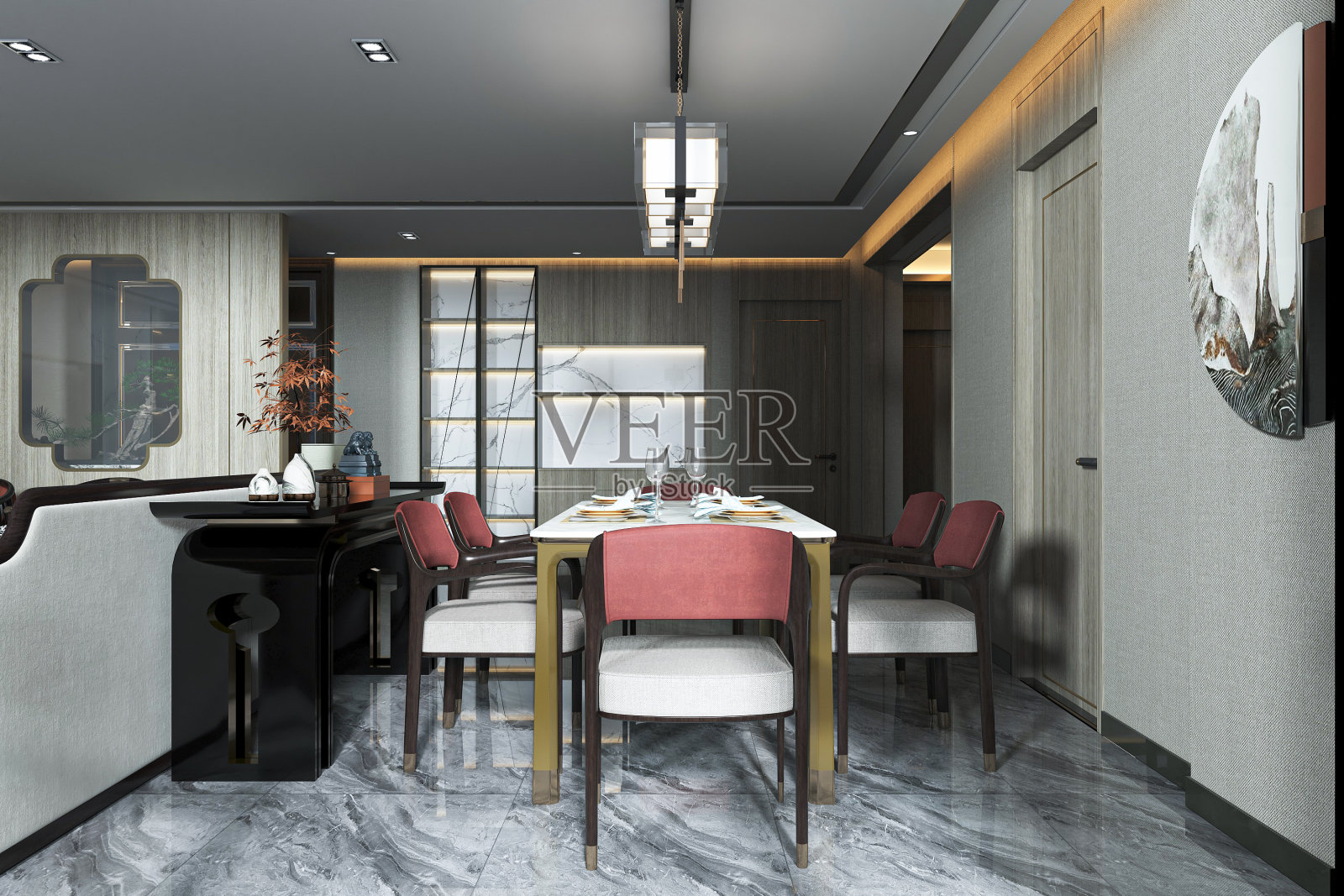 地板和餐桌的布置为智能餐厅的室内设计照片摄影图片