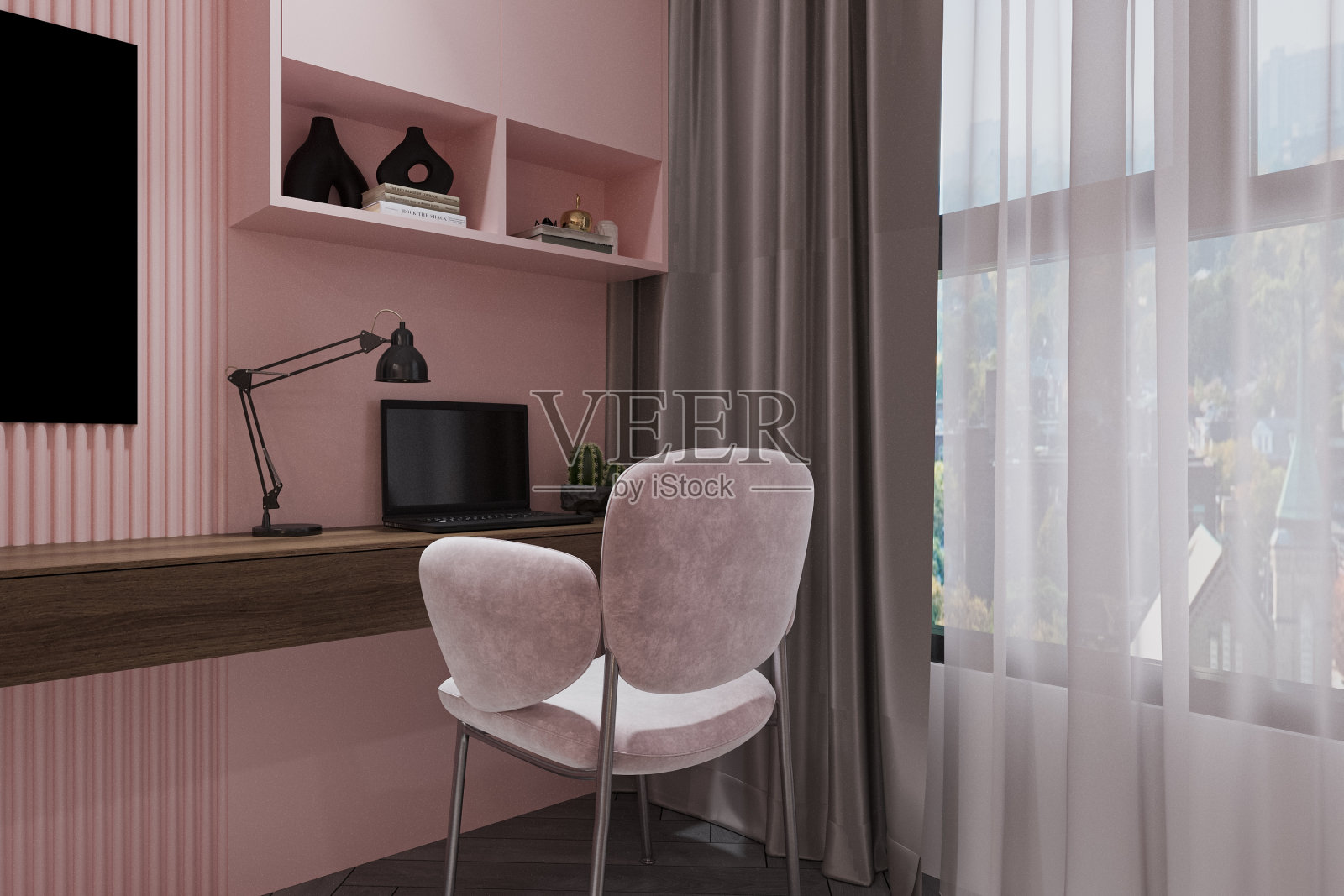 阅览室室内设计概念，电脑桌椅和台灯在桌子上的形象照片摄影图片