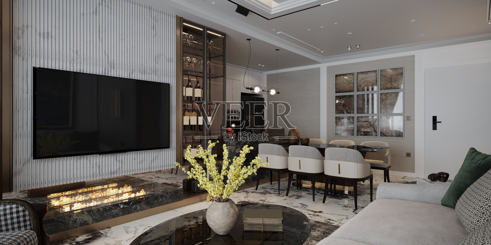 餐厅室内设计，可看到现代客厅装饰和电视照片摄影图片