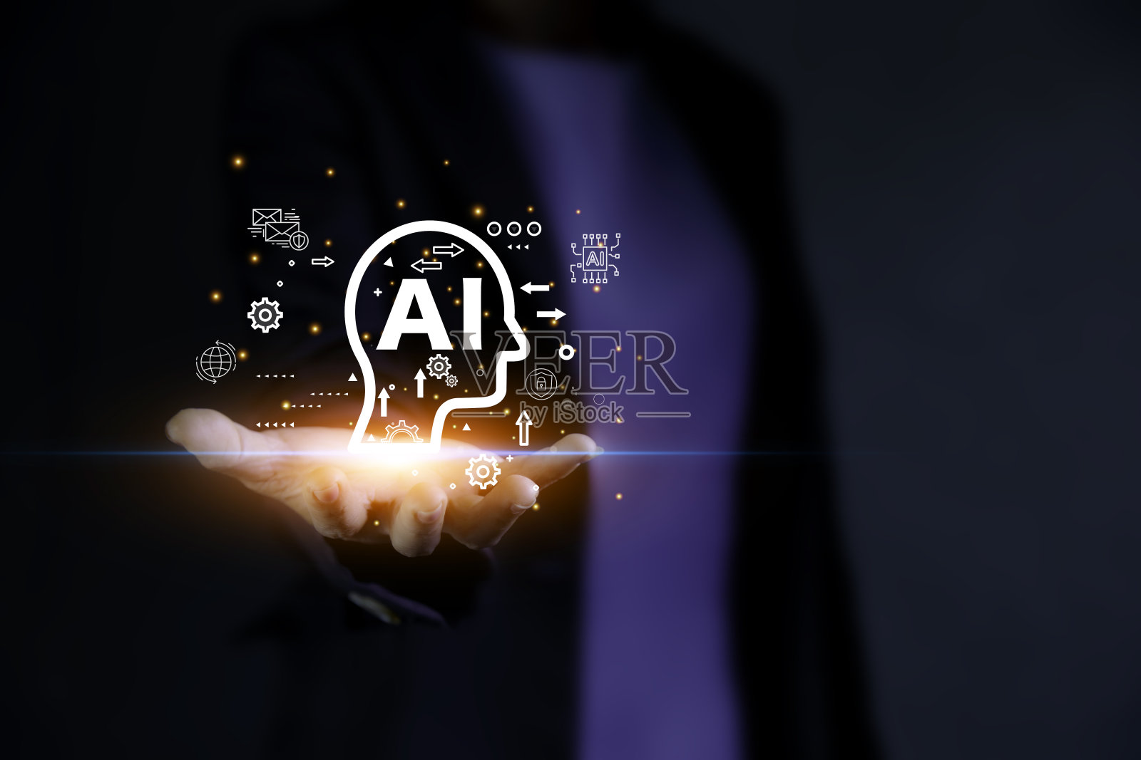 Ai图标在商务手。Ai技术分析概念，Ai技术机器学习用于数据分析和管理。与人工智能(AI)和信息交换。照片摄影图片