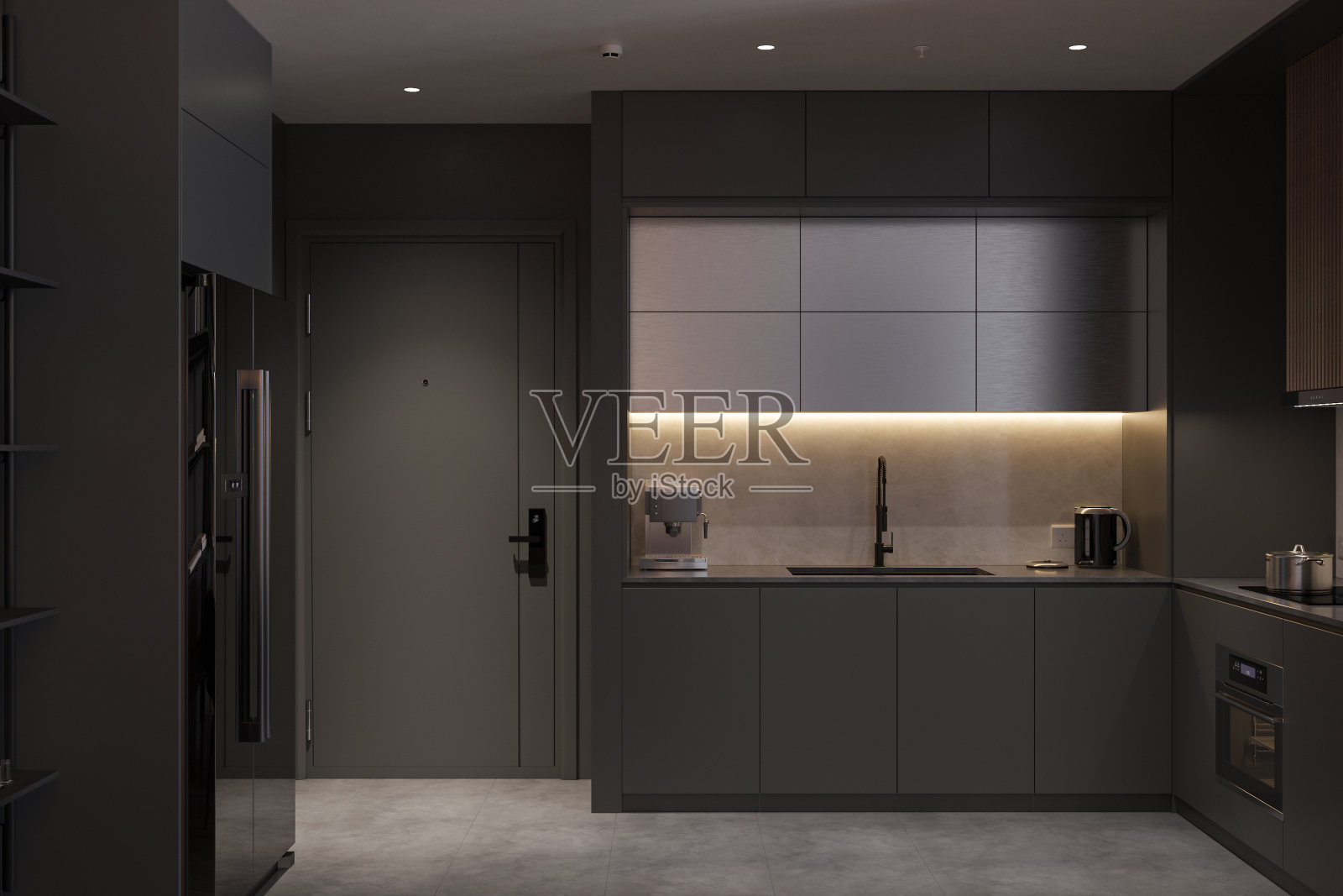 黑色室内创意进入开放式厨房，器具，LED照明，3D渲染照片摄影图片