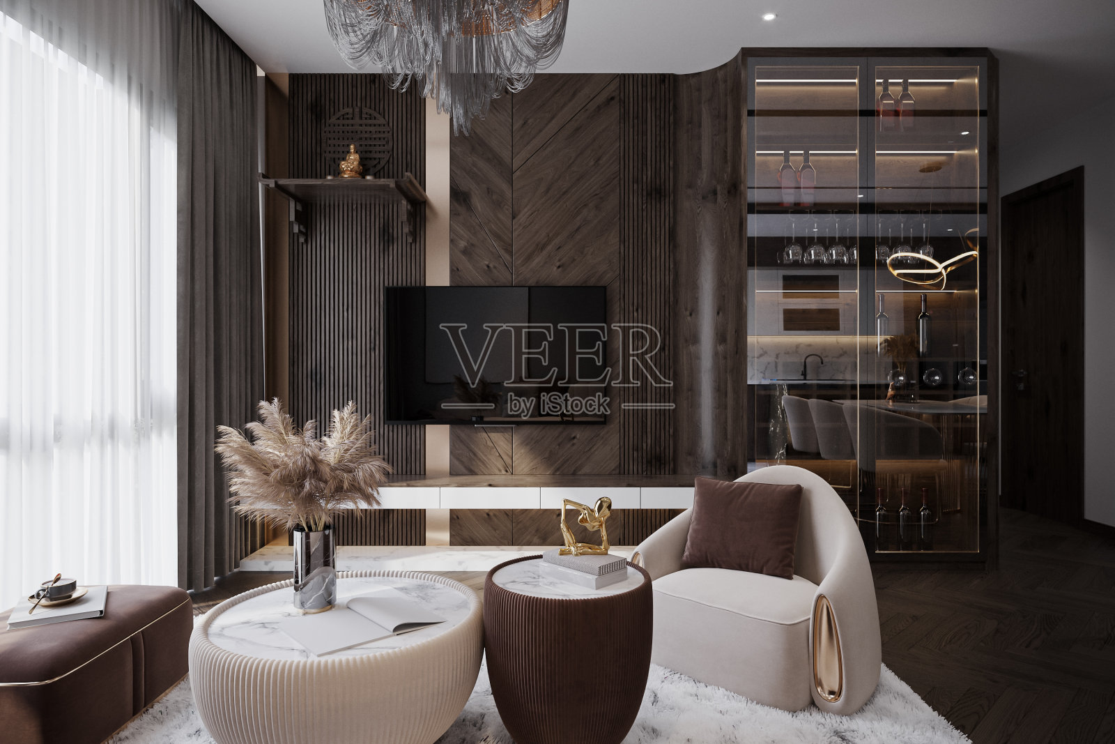 时尚的咖啡桌和扶手沙发，木制电视背景，小型家庭酒吧设置为当代生活场所照片摄影图片