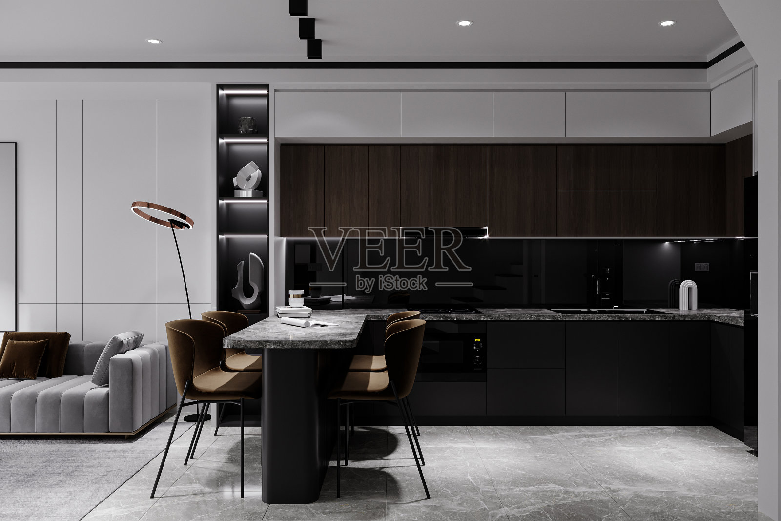 微型开放式厨房和餐饮的智能概念，具有功能性和智能技术理念照片摄影图片