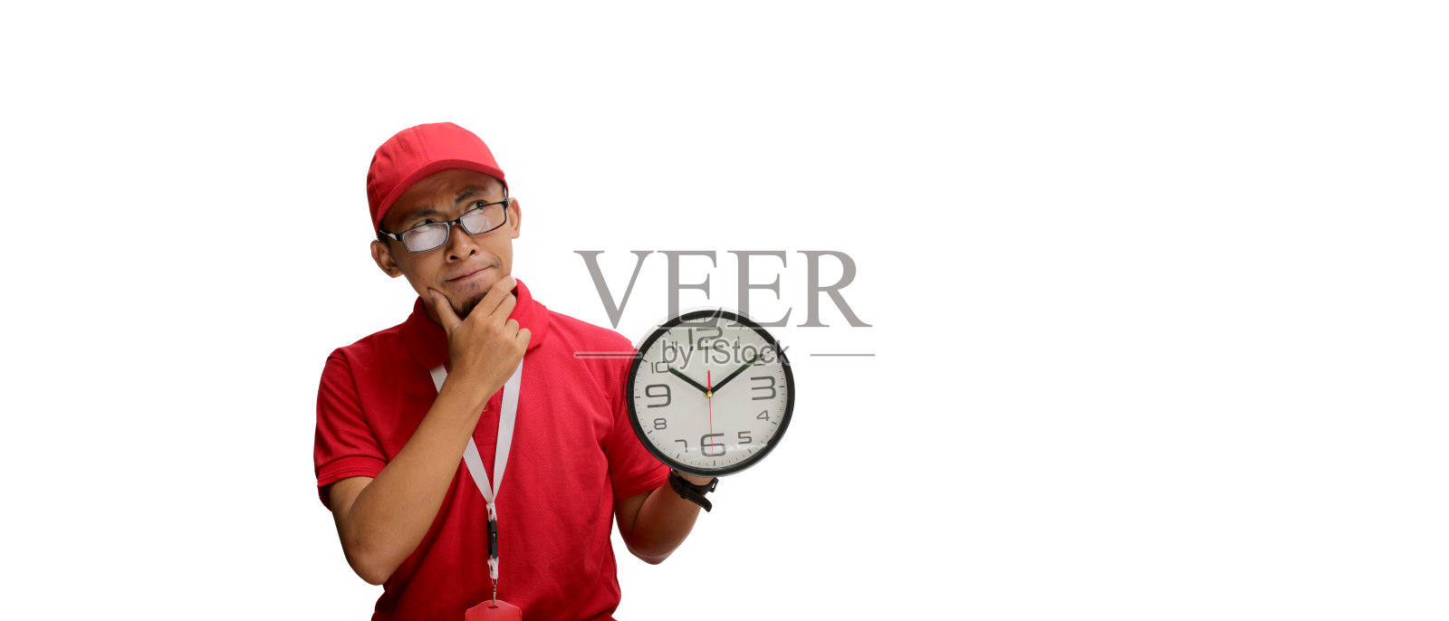 亚洲快递员手持时钟照片摄影图片