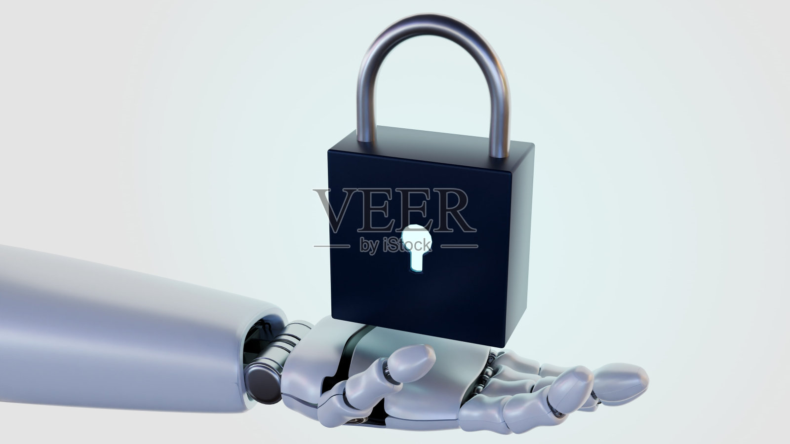 一只机器人手握着一把浮动的挂锁照片摄影图片