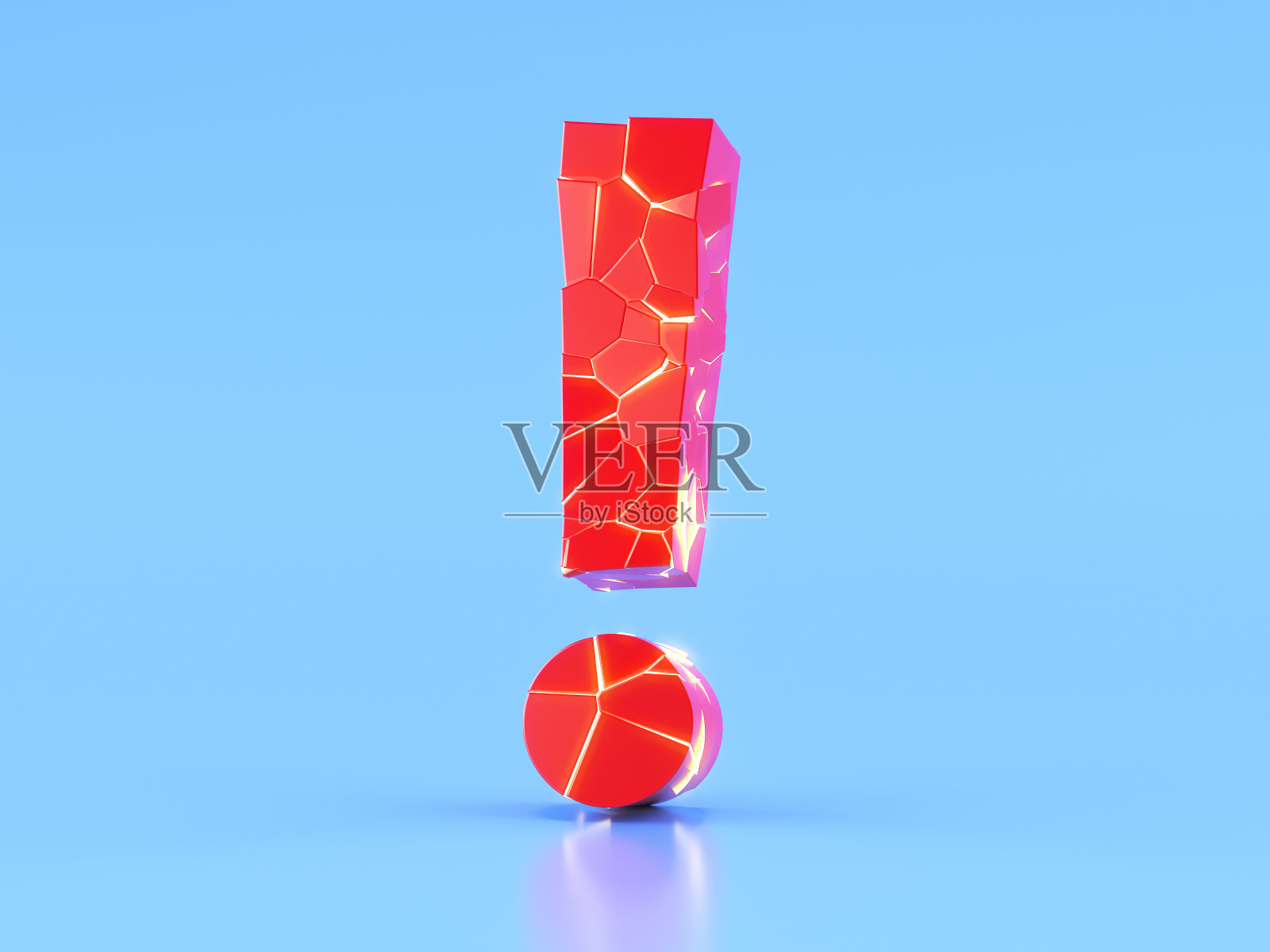 惊叹号的3d渲染由破碎的石块落在蓝色的地面上照片摄影图片