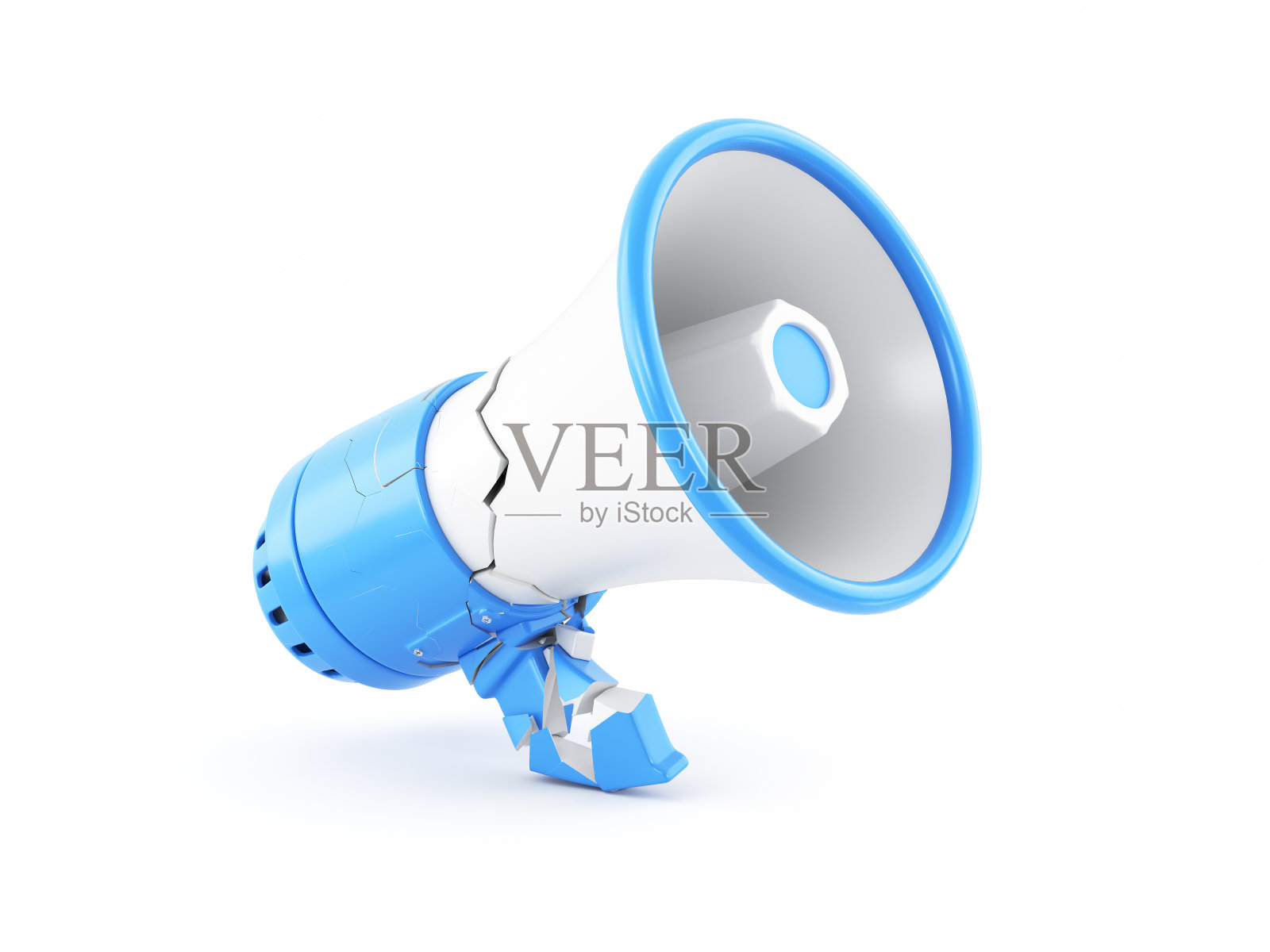 3d渲染破碎的蓝色扩音器孤立在白色背景照片摄影图片