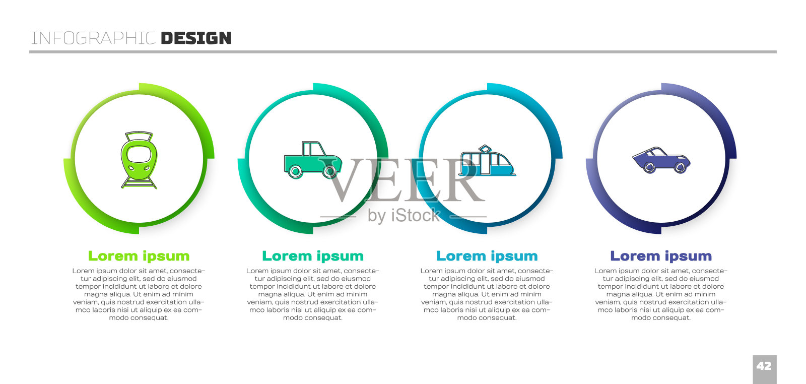 设置有轨电车和铁路，皮卡车，和汽车。业务信息图表模板。向量插画图片素材