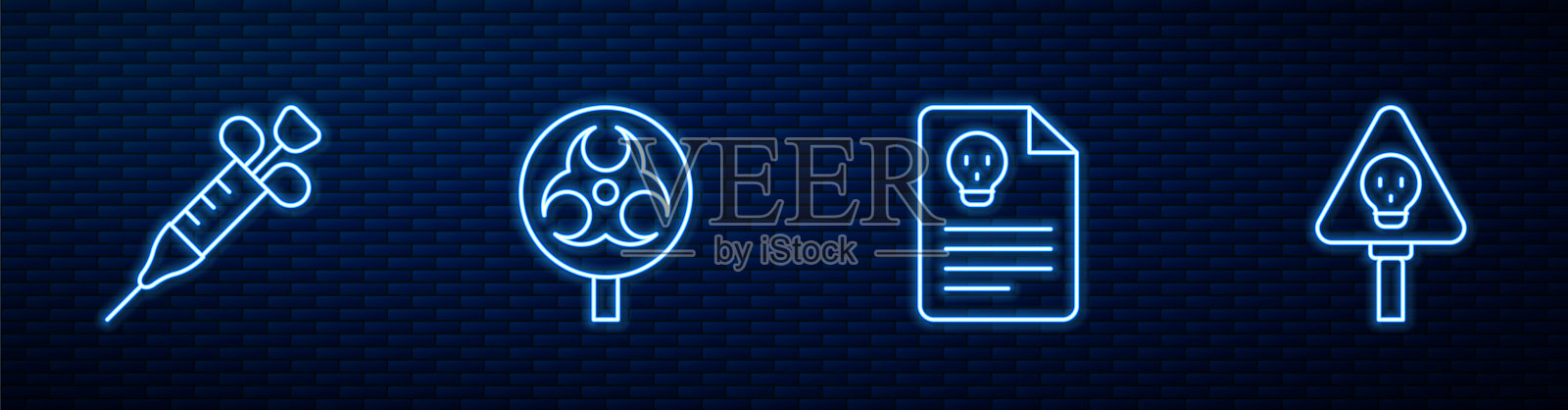 设置线辐射警告文件，注射器，生物危害标志和骨头和头骨。砖墙上发光的霓虹灯图标。向量插画图片素材