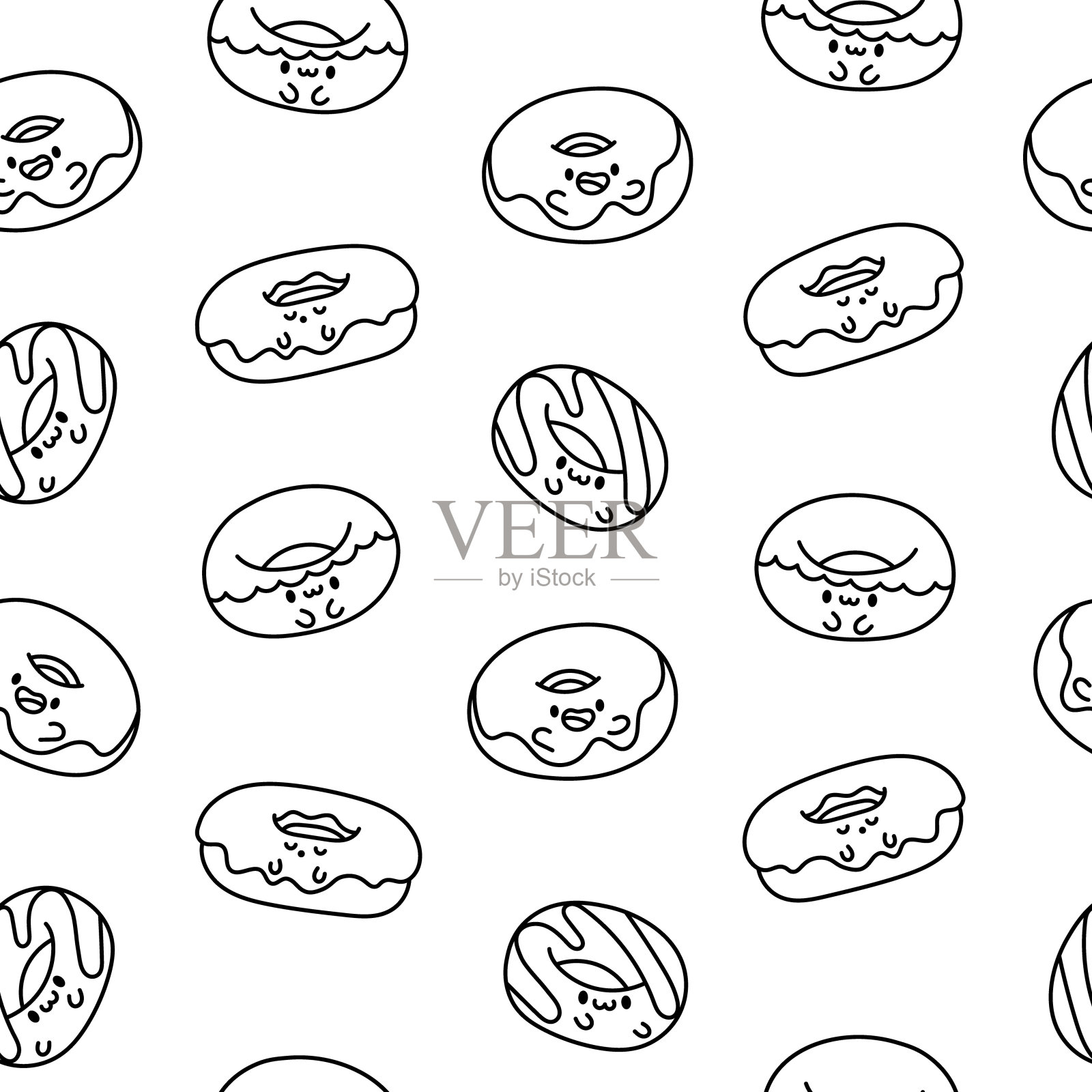 可爱的卡通卡哇伊甜甜圈。无缝模式。着色页面。甜甜甜圈角色。手绘风格。矢量图。设计的饰品。插画图片素材