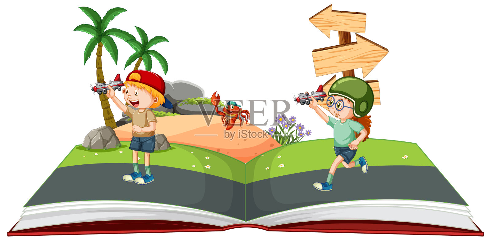孩子们在打开的书里玩玩具飞机插画图片素材