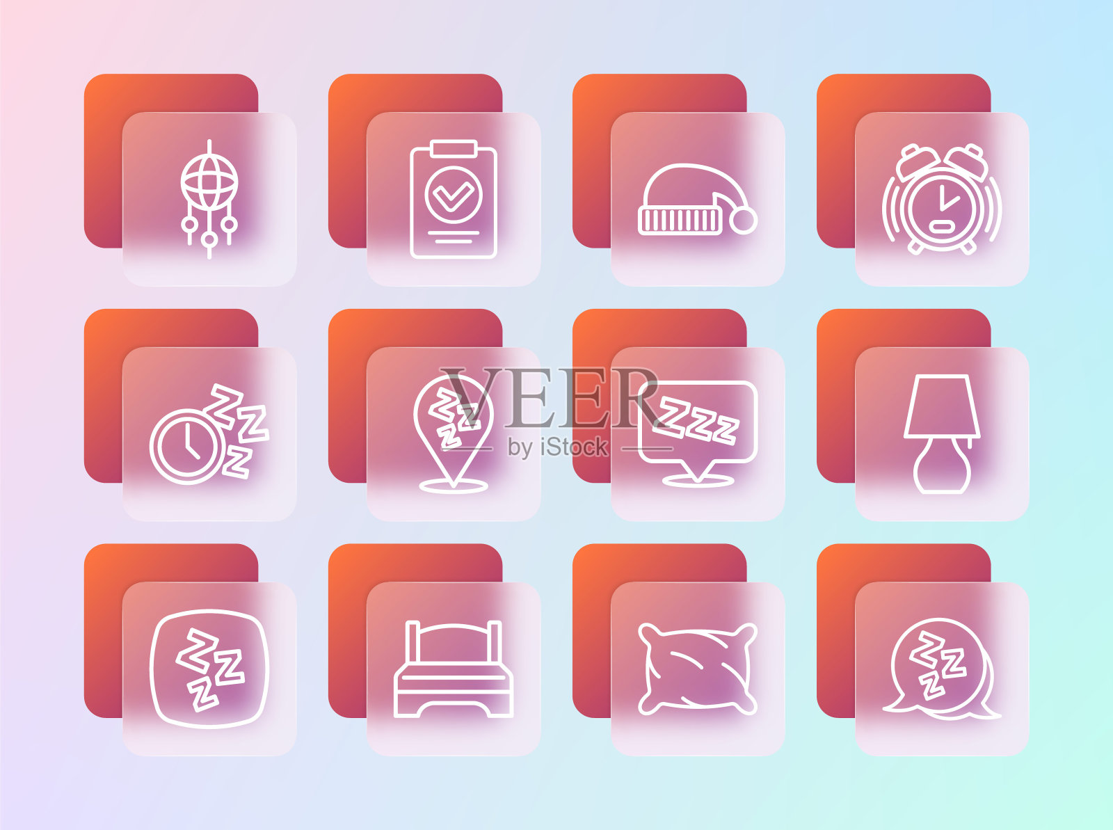 设置线闹钟，大床，瞌睡，枕头，睡觉的帽子，捕梦网与羽毛和医疗处方图标。向量插画图片素材