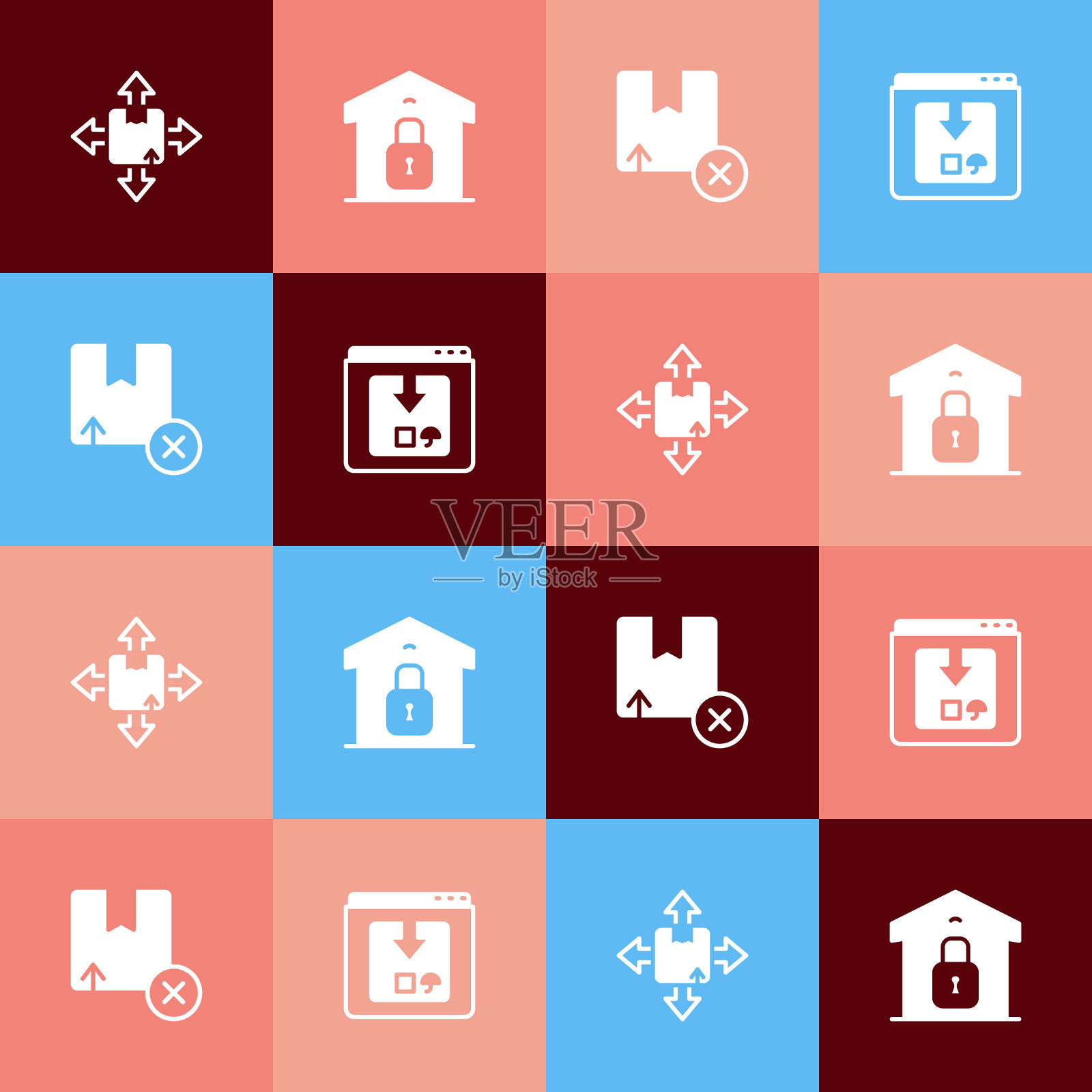 设置波普艺术纸箱纸箱，封闭仓库，和在线应用程序交付跟踪图标。向量插画图片素材