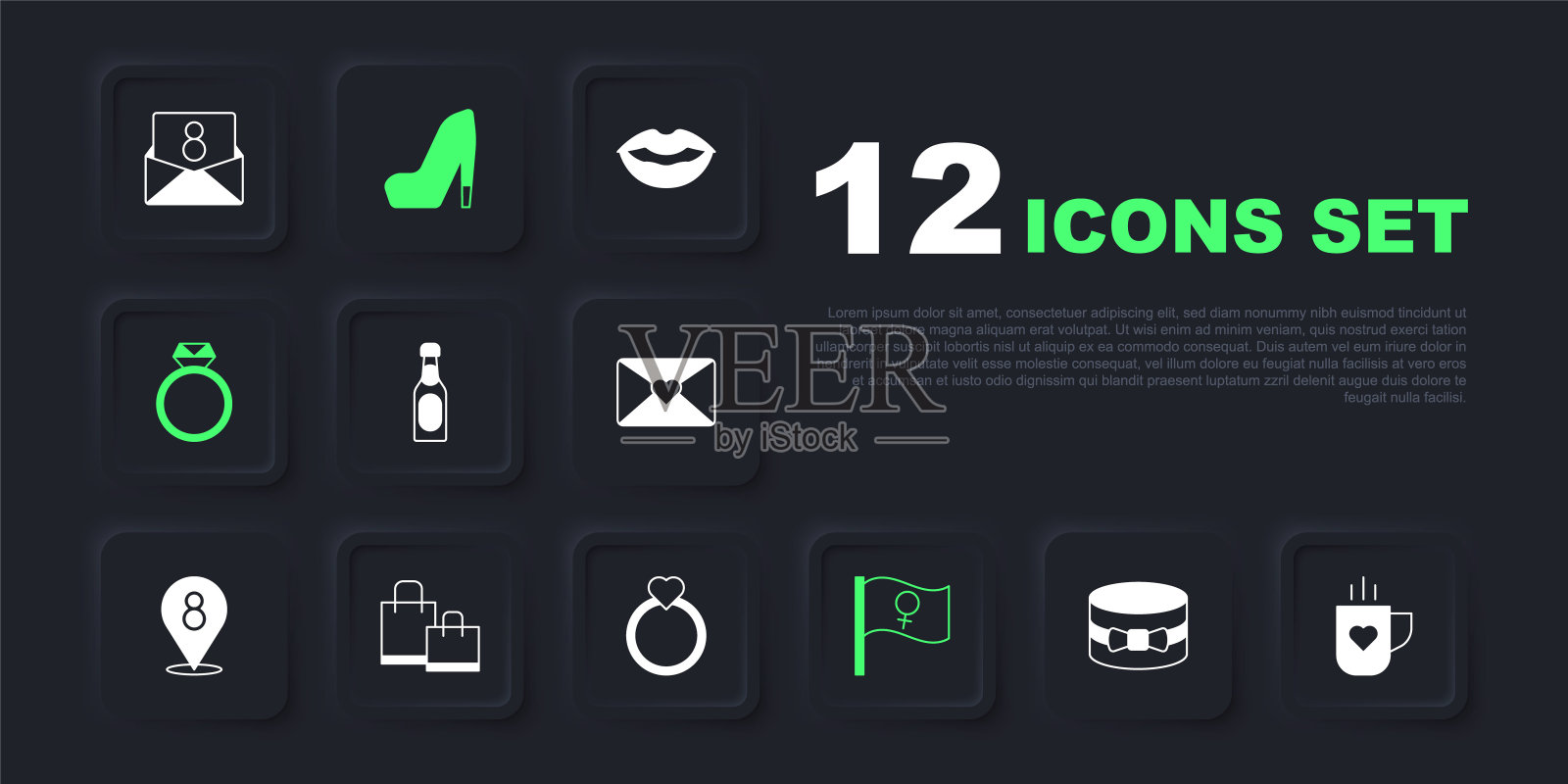 礼盒和心形，咖啡杯，香槟瓶，女权主义者，钻石订婚戒指，纸质购物袋，女鞋和图标。向量插画图片素材