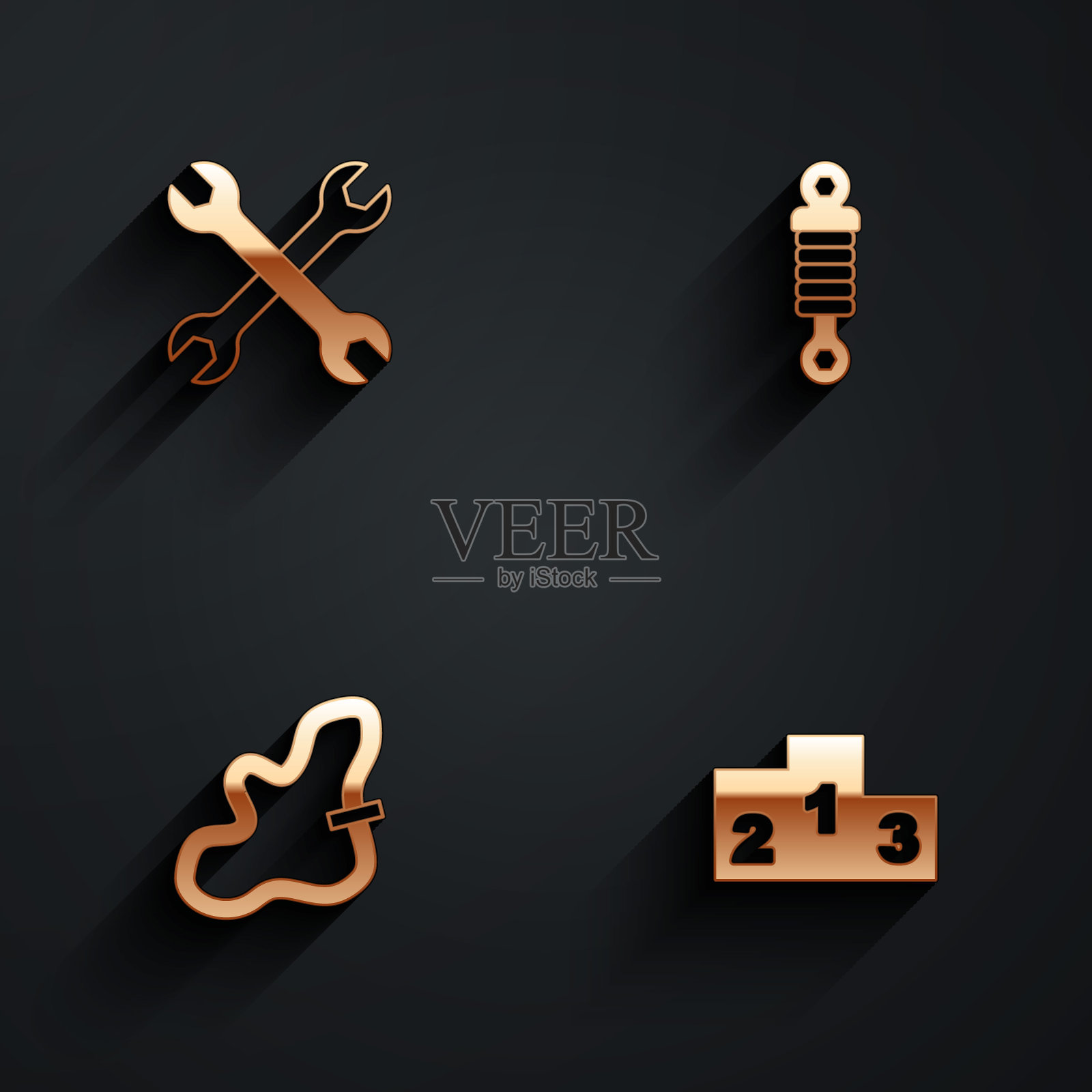 套扳手扳手，减震器，赛道和奖项超过体育冠军领奖台图标长阴影。向量插画图片素材