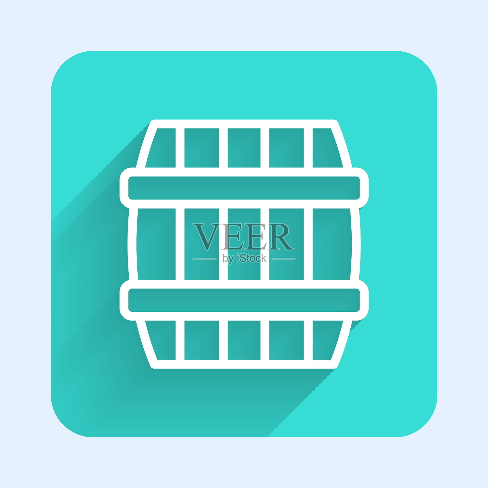 白线木桶图标孤立与长阴影背景。酒桶，饮料容器，啤酒，威士忌，葡萄酒木桶。绿色方形按钮。向量插画图片素材