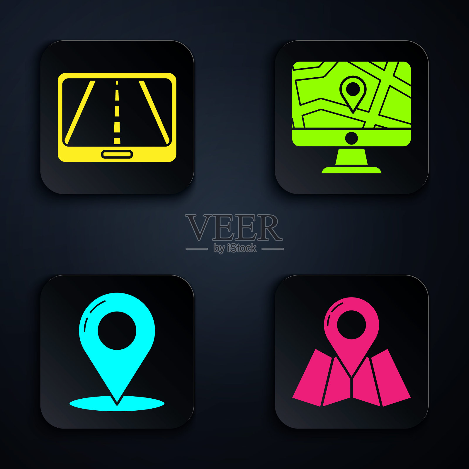 设置折叠地图与位置标记，信息图的城市地图导航，地图针和监视器和折叠地图与位置。黑色方形按钮。向量插画图片素材