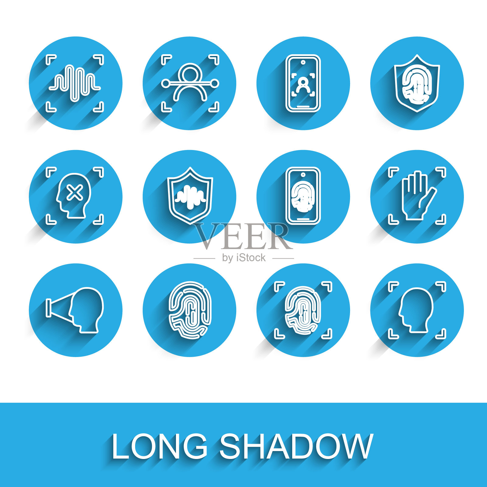 设置线面部识别，指纹，语音，屏蔽语音，手掌和手机指纹扫描图标。向量插画图片素材