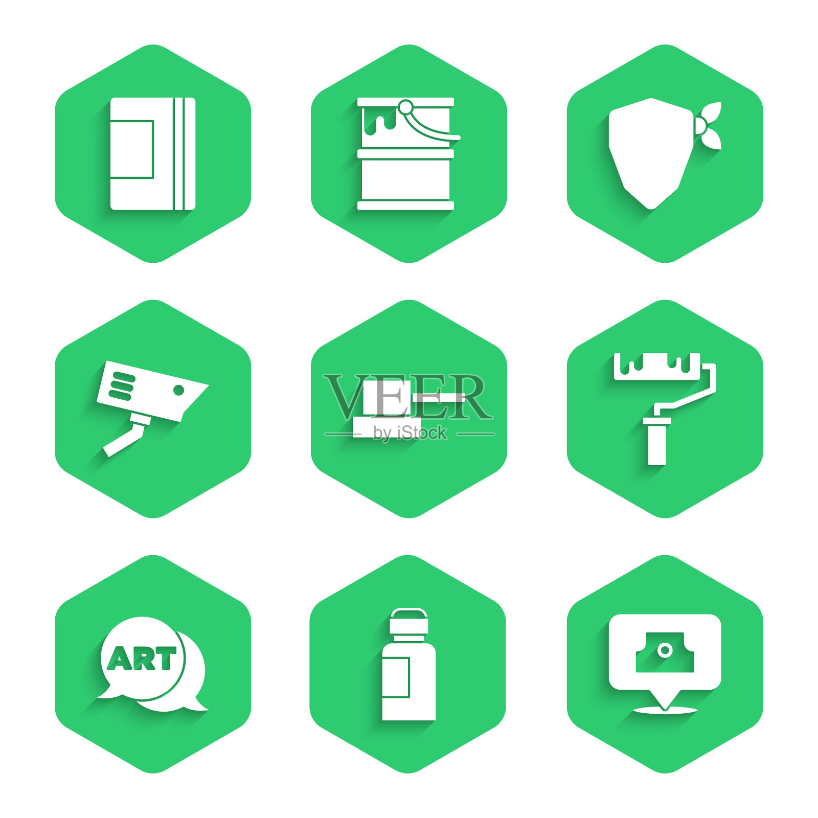 集喷雾可以喷嘴盖，油漆，水粉，罐子，染料，滚筒刷，语音气泡与文字艺术，安全摄像头，汪达尔和螺旋笔记本图标。向量插画图片素材