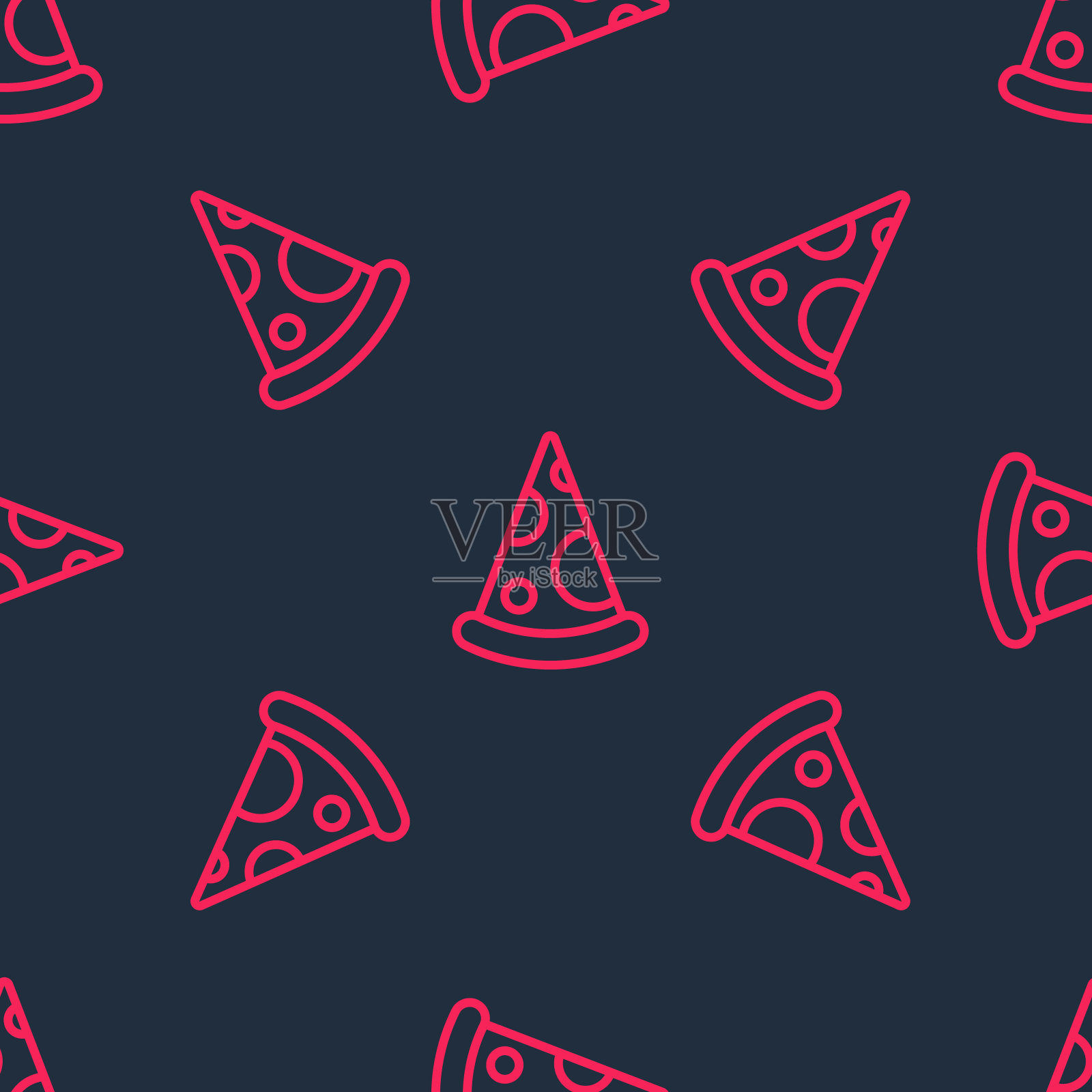 红线切片披萨图标隔离无缝图案黑色背景。快餐菜单。向量插画图片素材