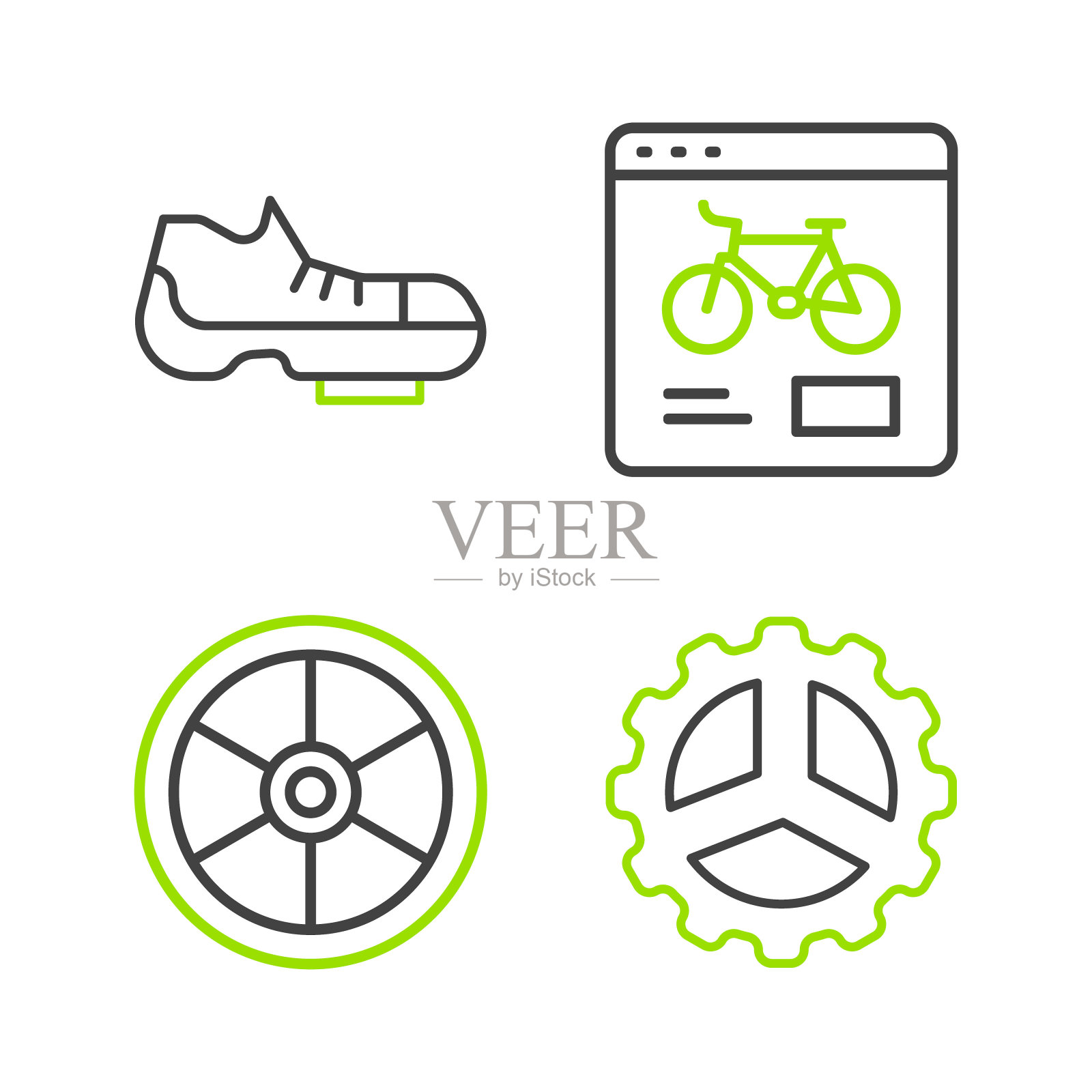 设置线自行车链轮曲柄，车轮，租赁移动应用程序和鞋子图标。向量插画图片素材