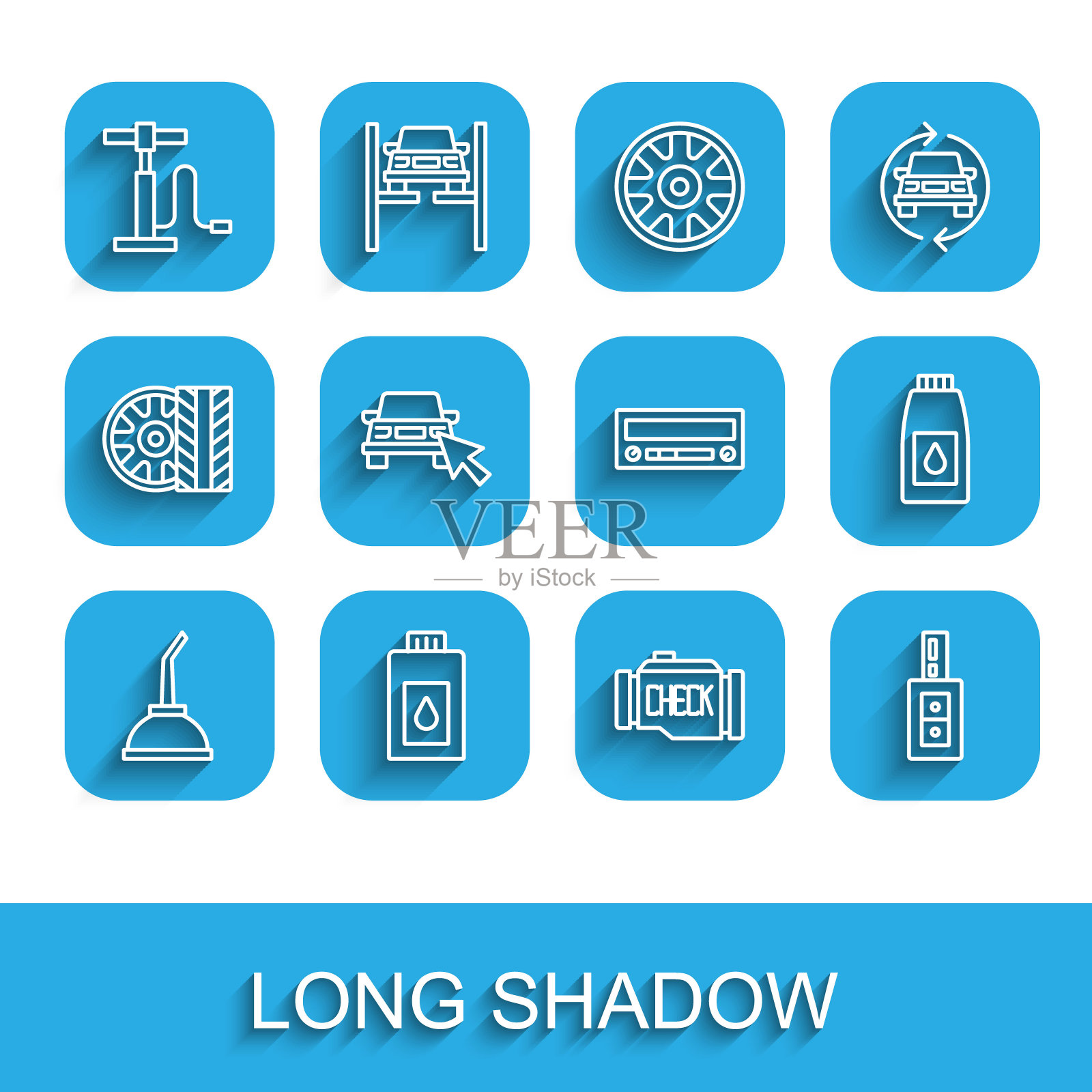 设置线罐马达机油，汽车气泵，检查发动机，钥匙与远程，在线汽车共享，和音频图标。向量插画图片素材