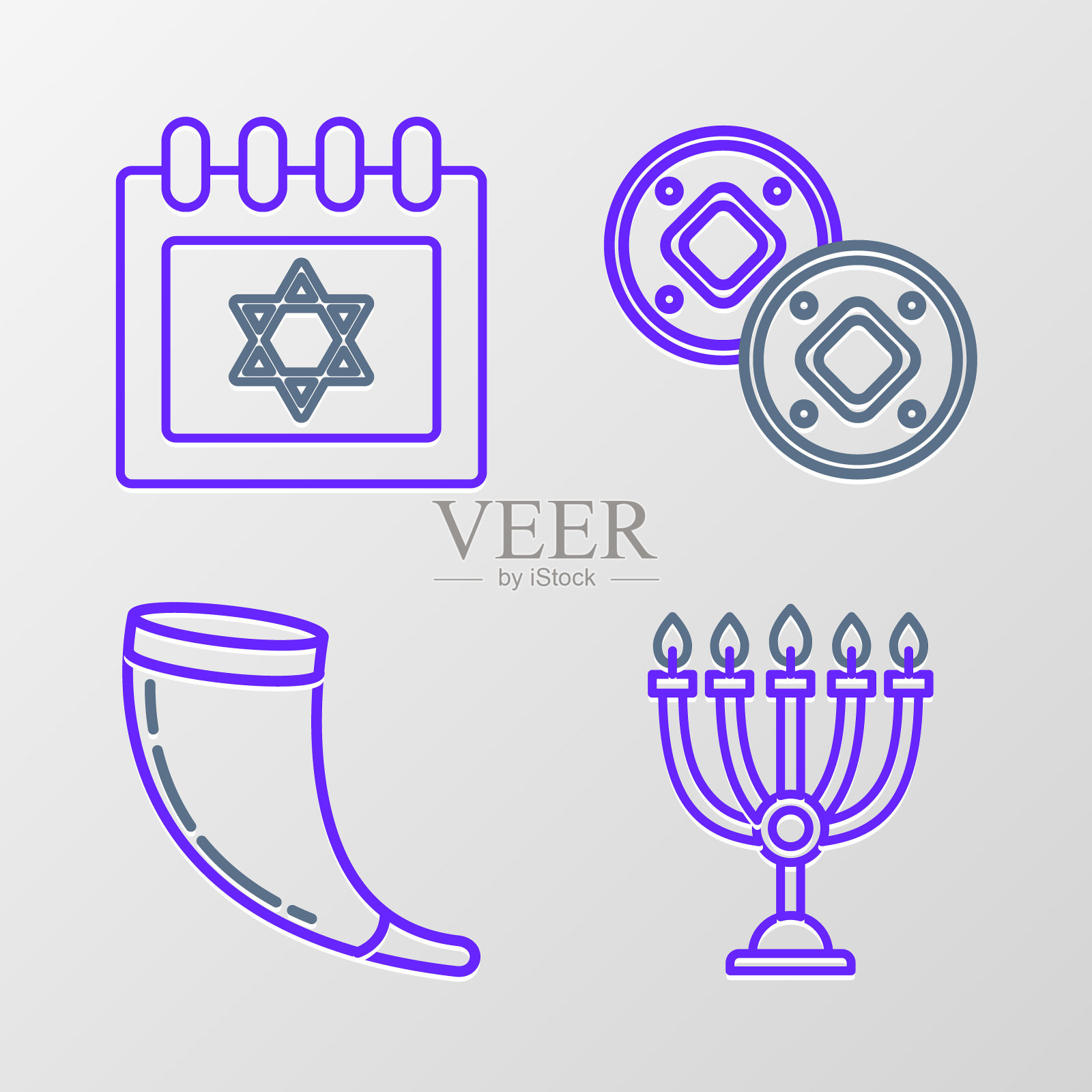 设定线光明节烛台，传统的公羊角，羊角号，犹太硬币和日历与星大卫图标。向量插画图片素材