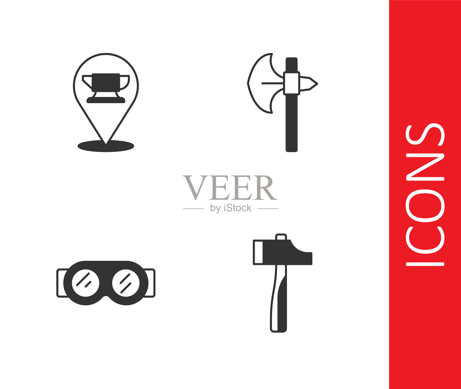 集锤，铁匠铁砧工具，焊接眼镜和中世纪的斧头图标。向量插画图片素材