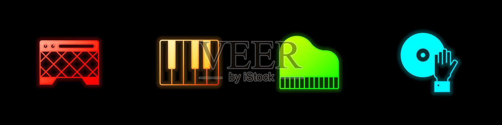 集吉他放大器，音乐合成器，大钢琴和DJ播放音乐图标。向量插画图片素材