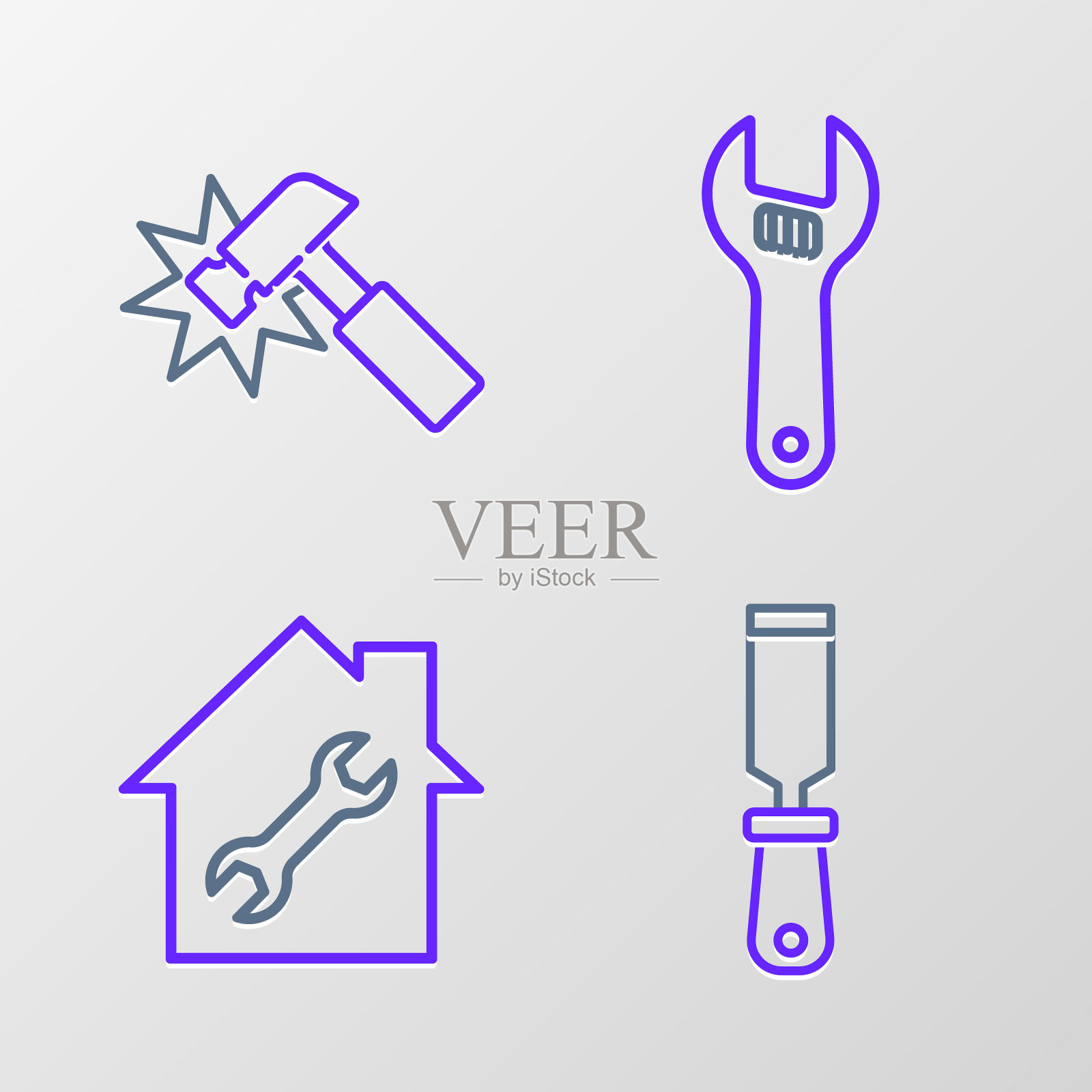 设置线锉刀金属锉，房屋修理，可调扳手和锤子图标。向量插画图片素材