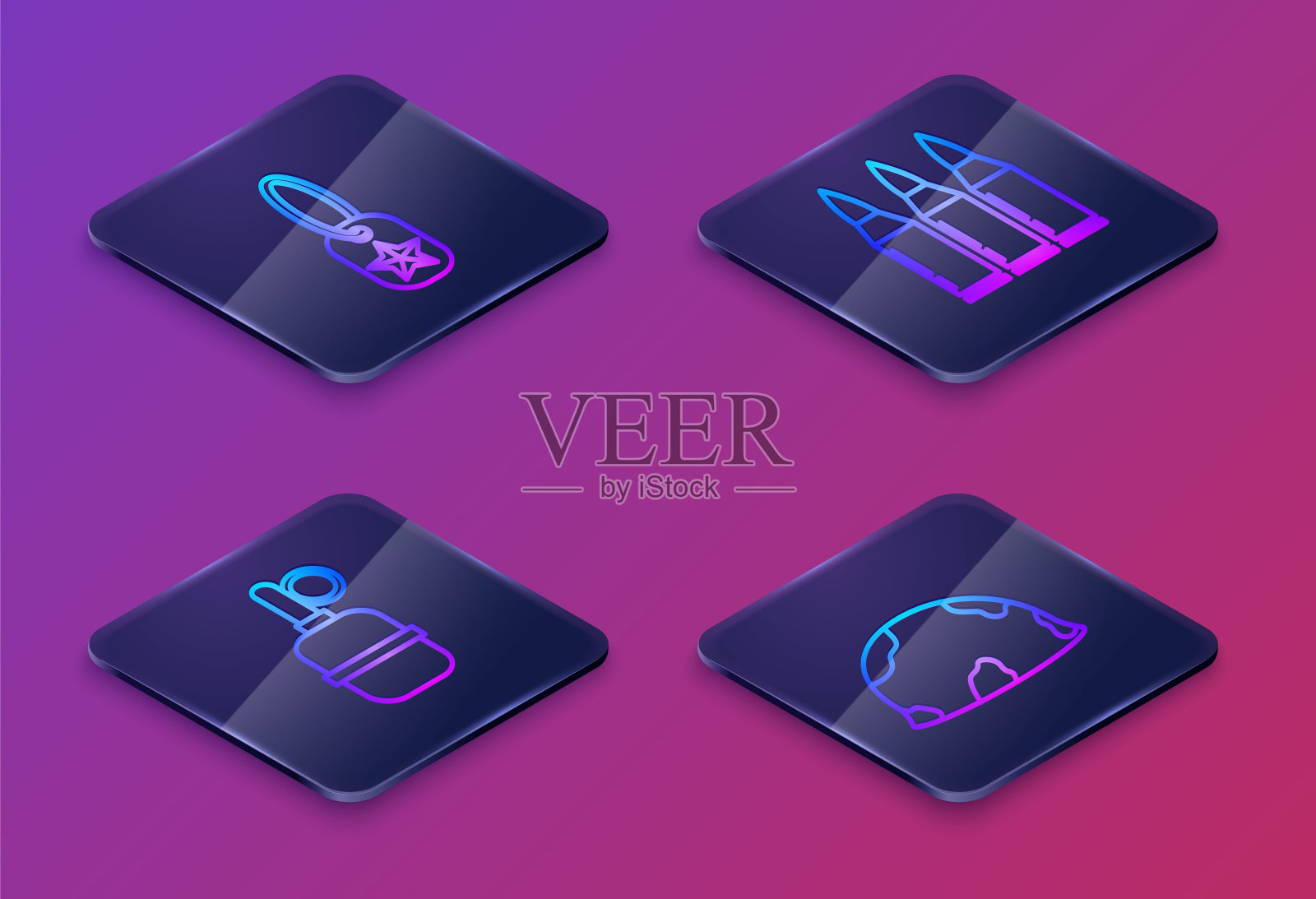 设置等距线军犬标签，手榴弹，子弹和军事头盔。蓝色方形按钮。向量插画图片素材