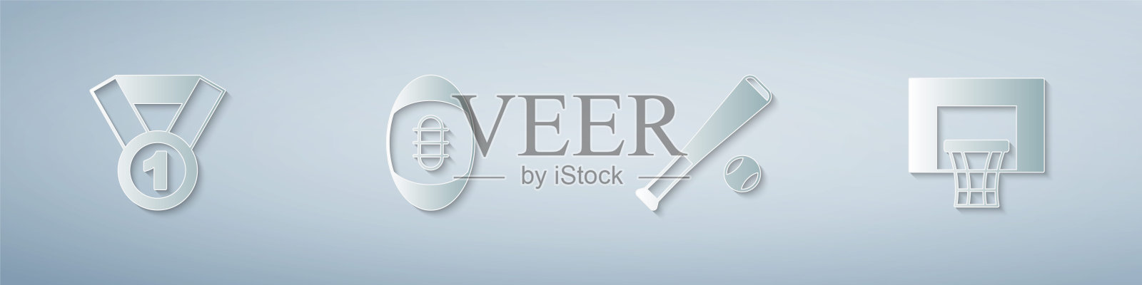 套装奖牌，美式橄榄球，棒球棒和篮球篮板。纸艺风格。向量插画图片素材